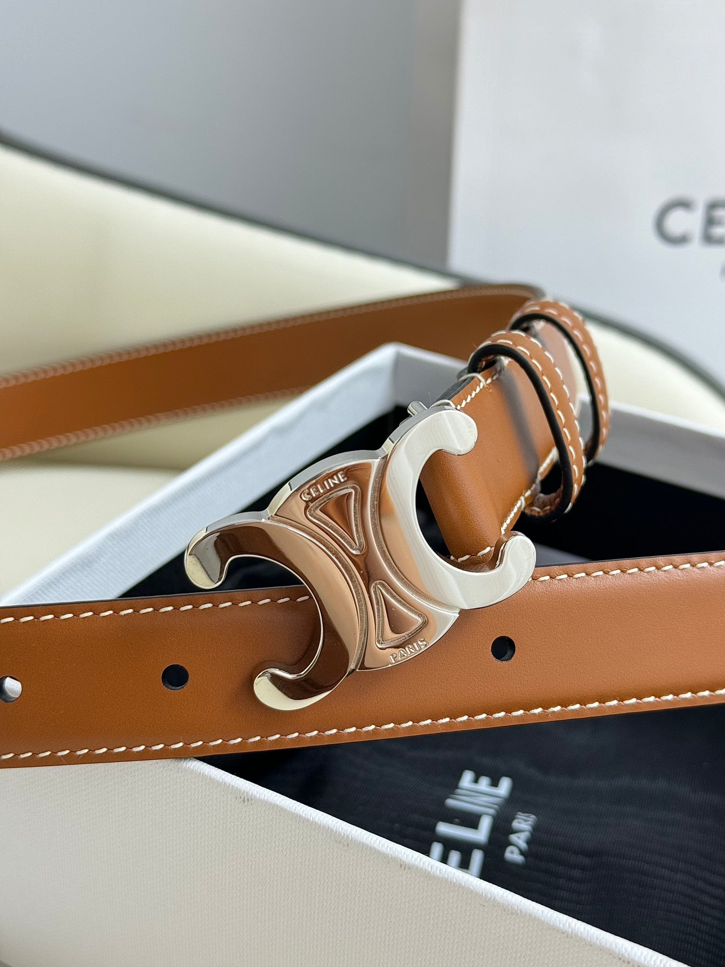 MEDIUM TRIOMPHE BELT 25MM BRONZE BROWN LEATHER SILVER HARDWARE - 30