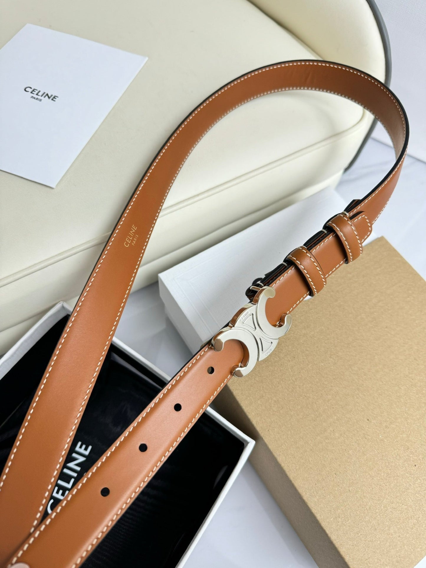 MEDIUM TRIOMPHE BELT 25MM BRONZE BROWN LEATHER SILVER HARDWARE - 30