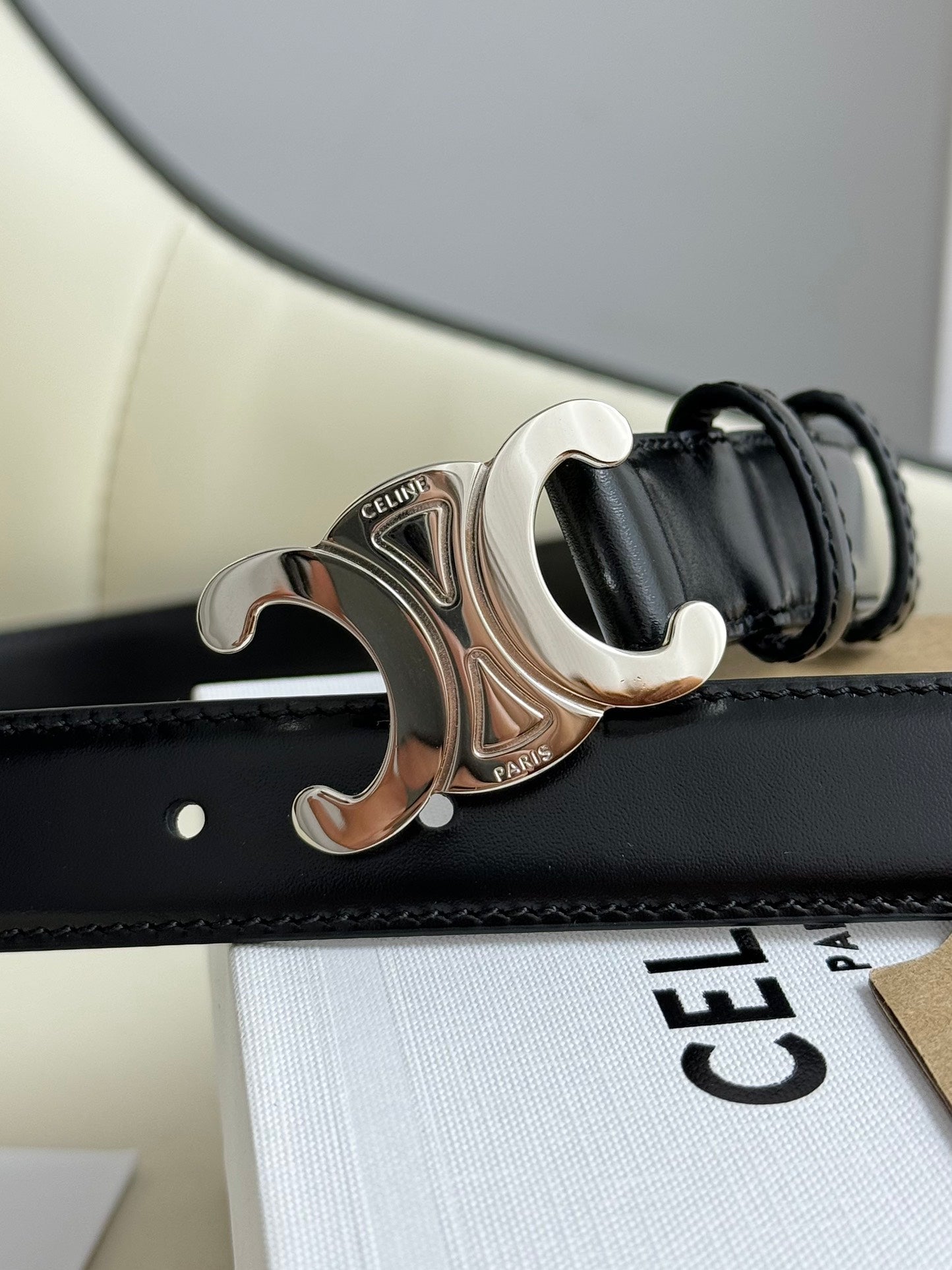 MEDIUM TRIOMPHE BELT 25MM BLACK LEATHER SILVER HARDWARE - 30