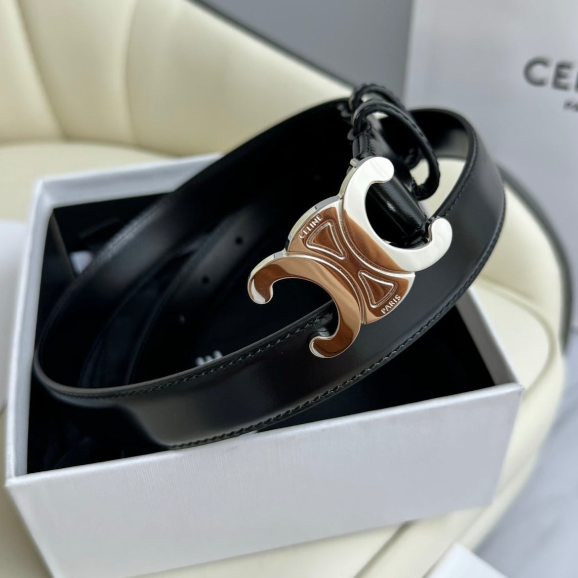 MEDIUM TRIOMPHE BELT 25MM BLACK LEATHER SILVER HARDWARE - 30