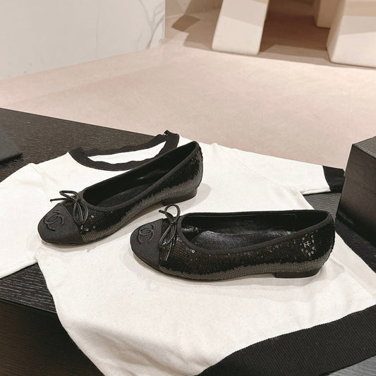 BALLET FLATS IN BLACK GLITTERED TULLE AND SATIN - 35
