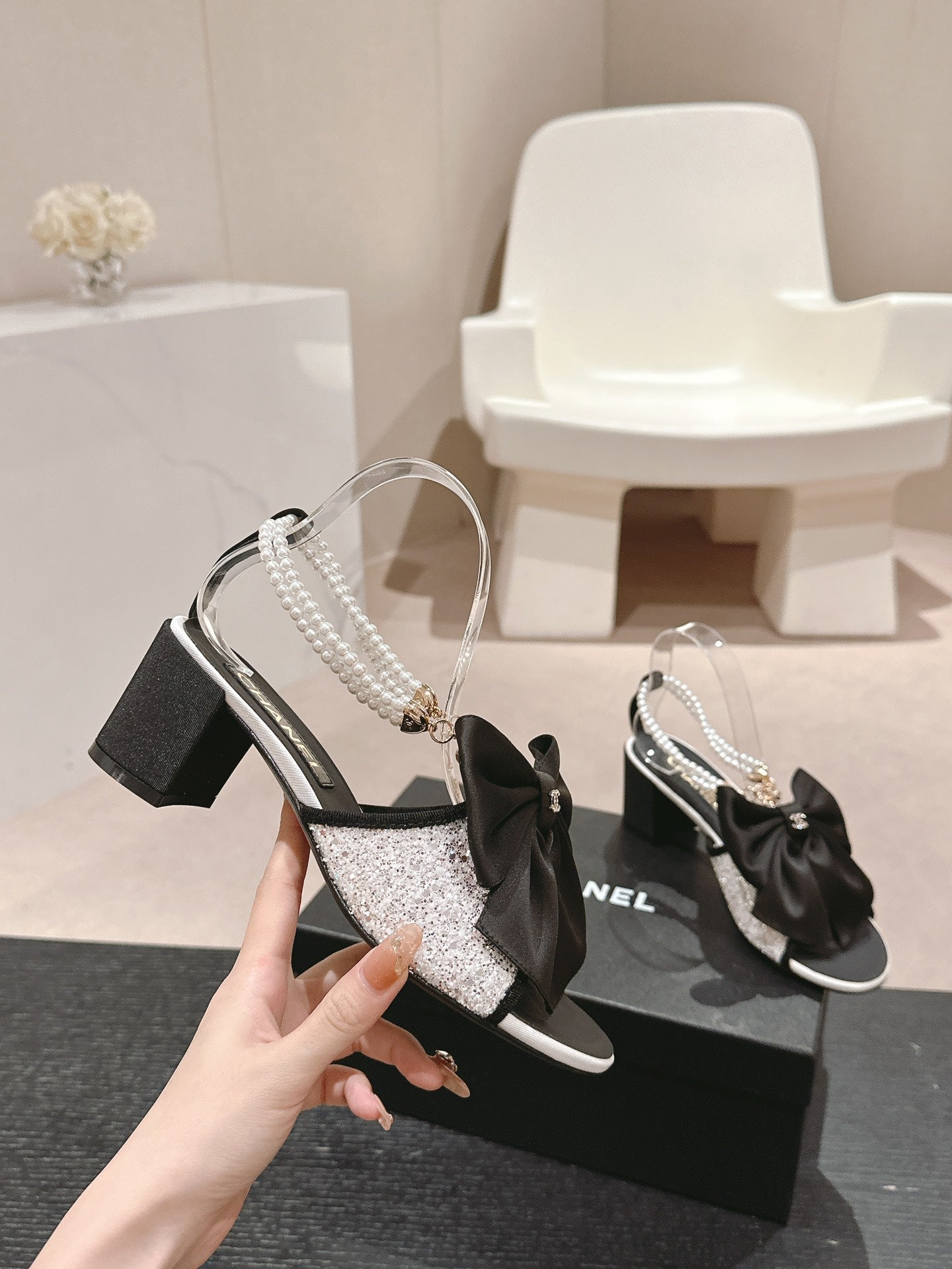 HIGH SANDAL WITH PEARL CHAIN BLACK LAMBSKIN WITH WHITE RHINESTONES - 34