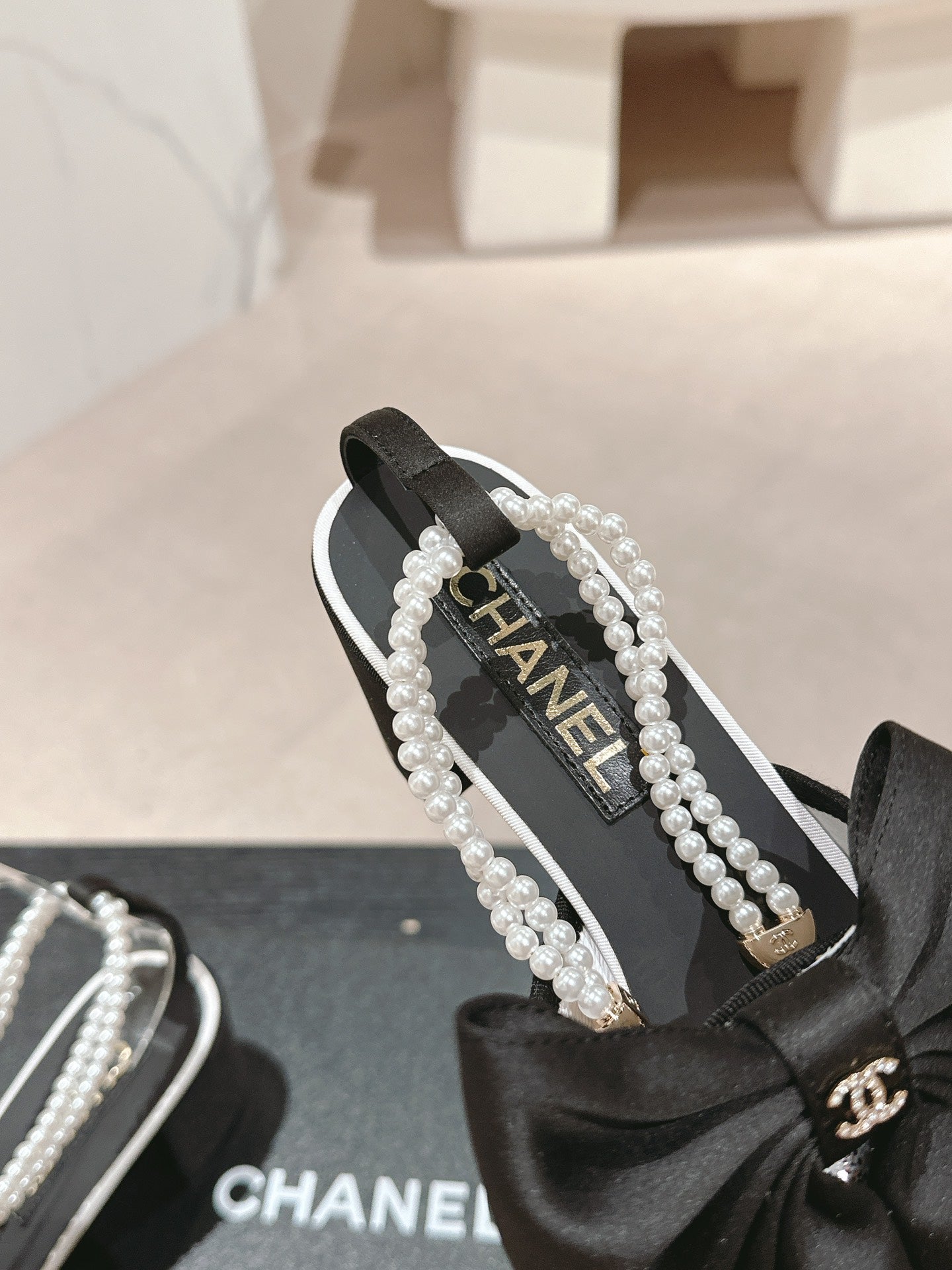 HIGH SANDAL WITH PEARL CHAIN BLACK LAMBSKIN WITH WHITE RHINESTONES - 34