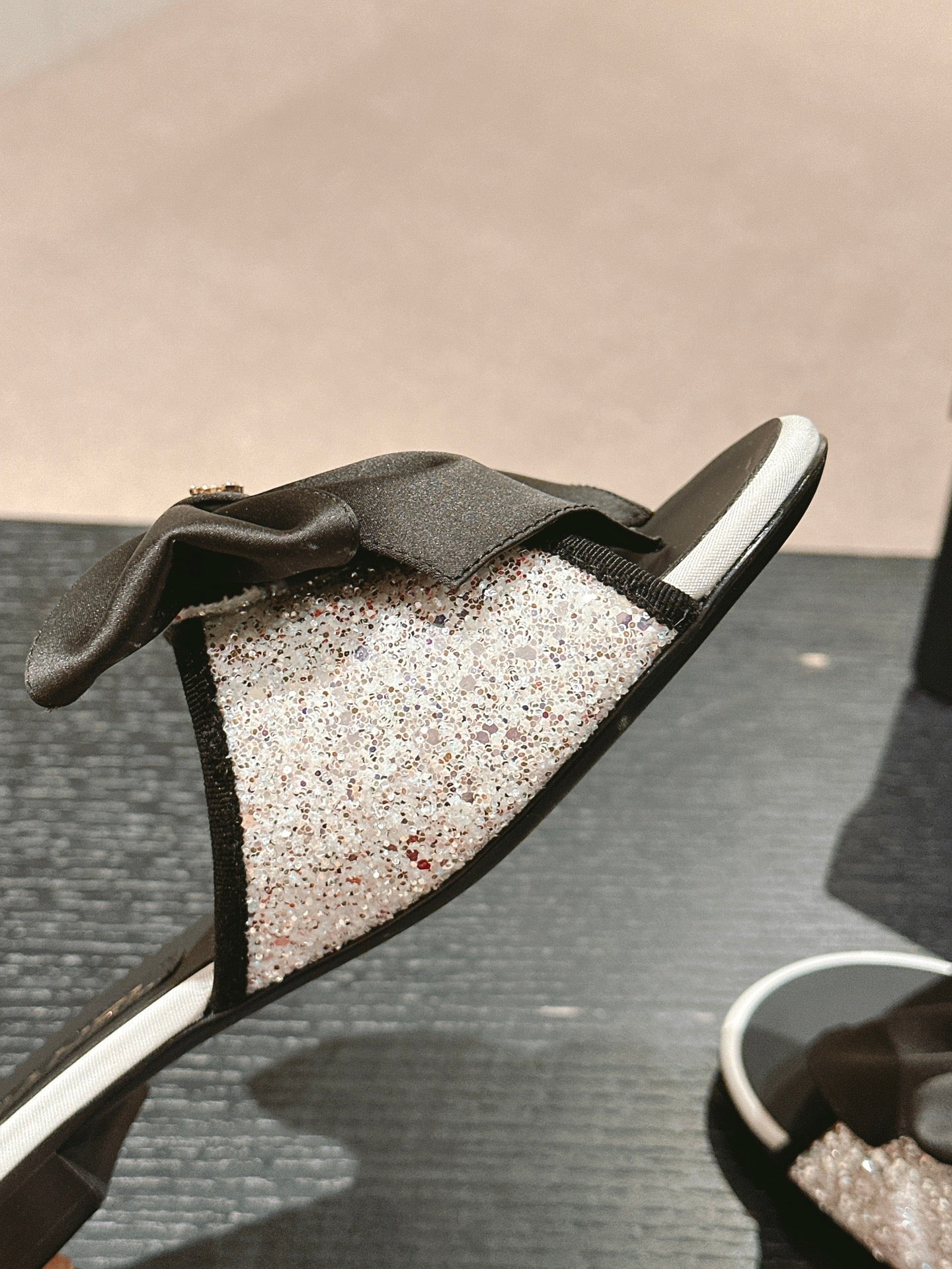 BOW LADY SLIPPERS BLACK LAMBSKIN WITH WHITE RHINESTONES - 34