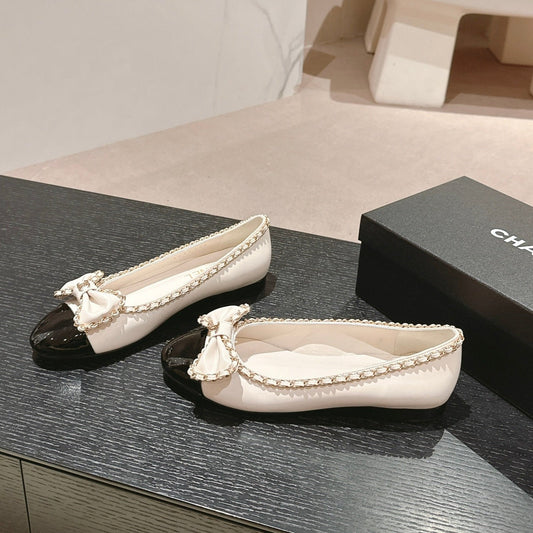 BOWKNOT BALLET FLAT IN WHITE MIX BLACK SHEEPSKIN - 34