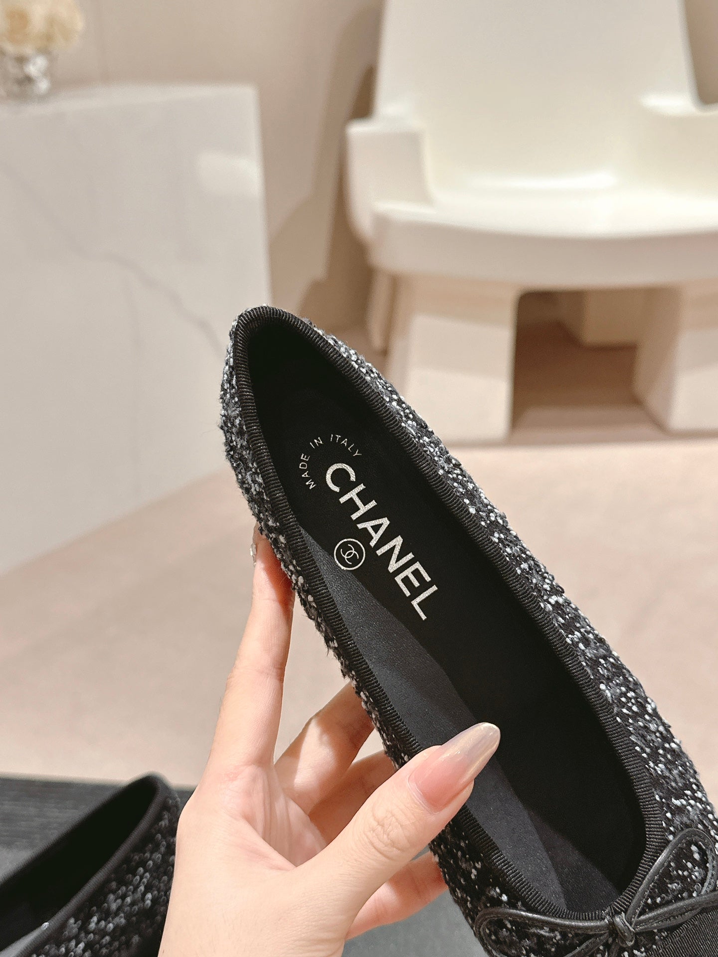 BALLET FLATS IN BLACK MIX WHITE TWEED AND SATIN - 34