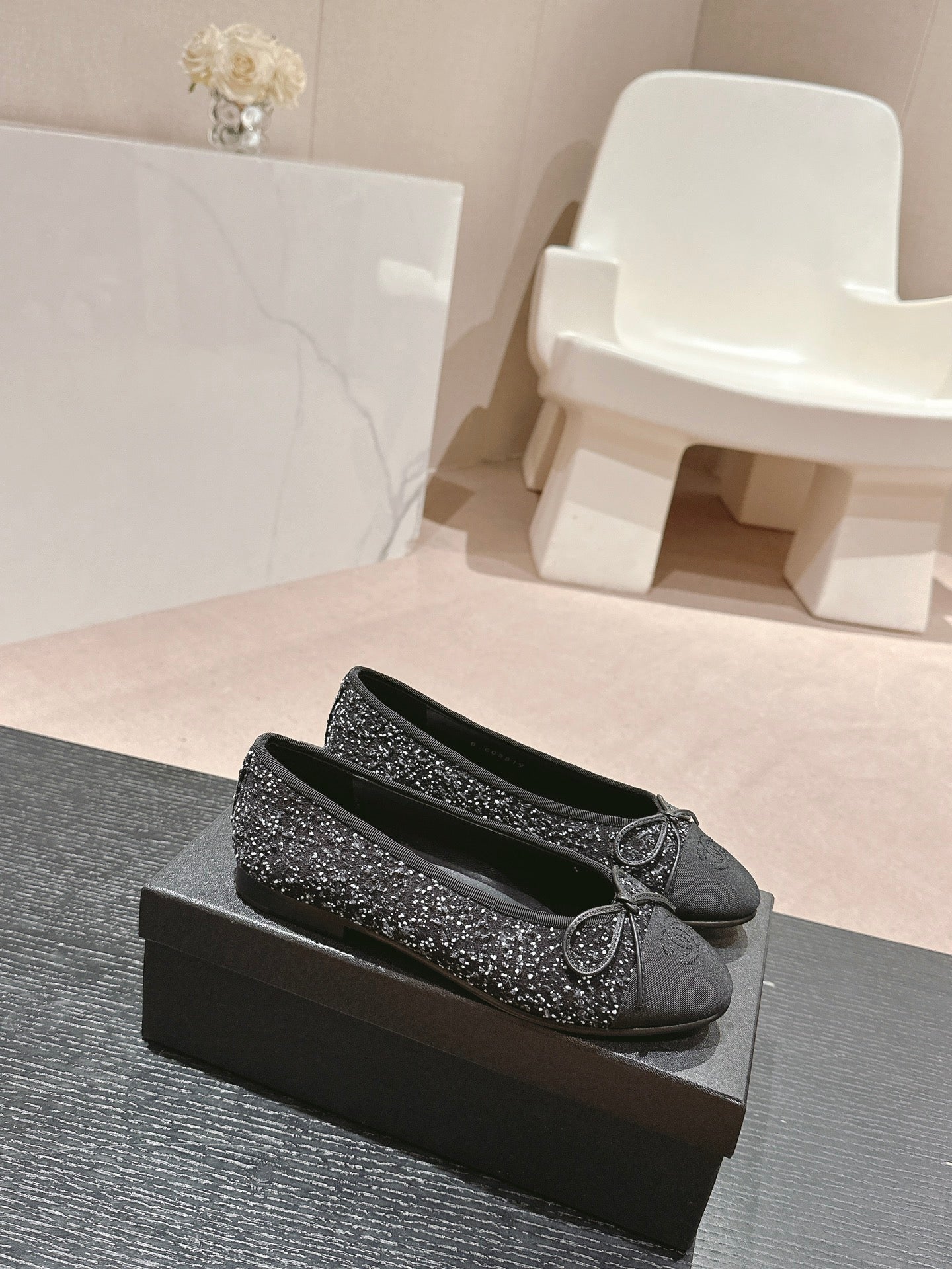 BALLET FLATS IN BLACK MIX WHITE TWEED AND SATIN - 34