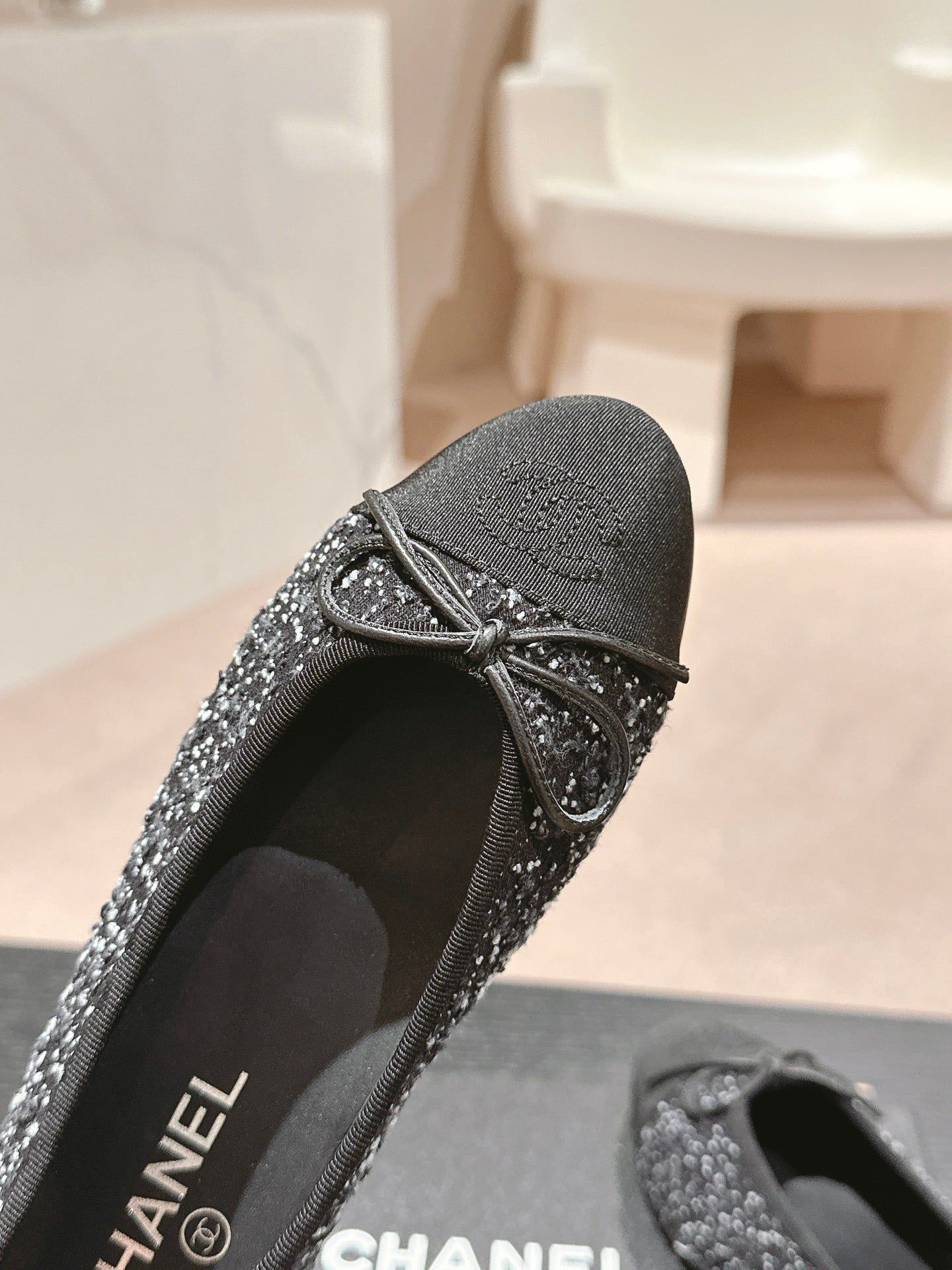 BALLET FLATS IN BLACK MIX WHITE TWEED AND SATIN - 34