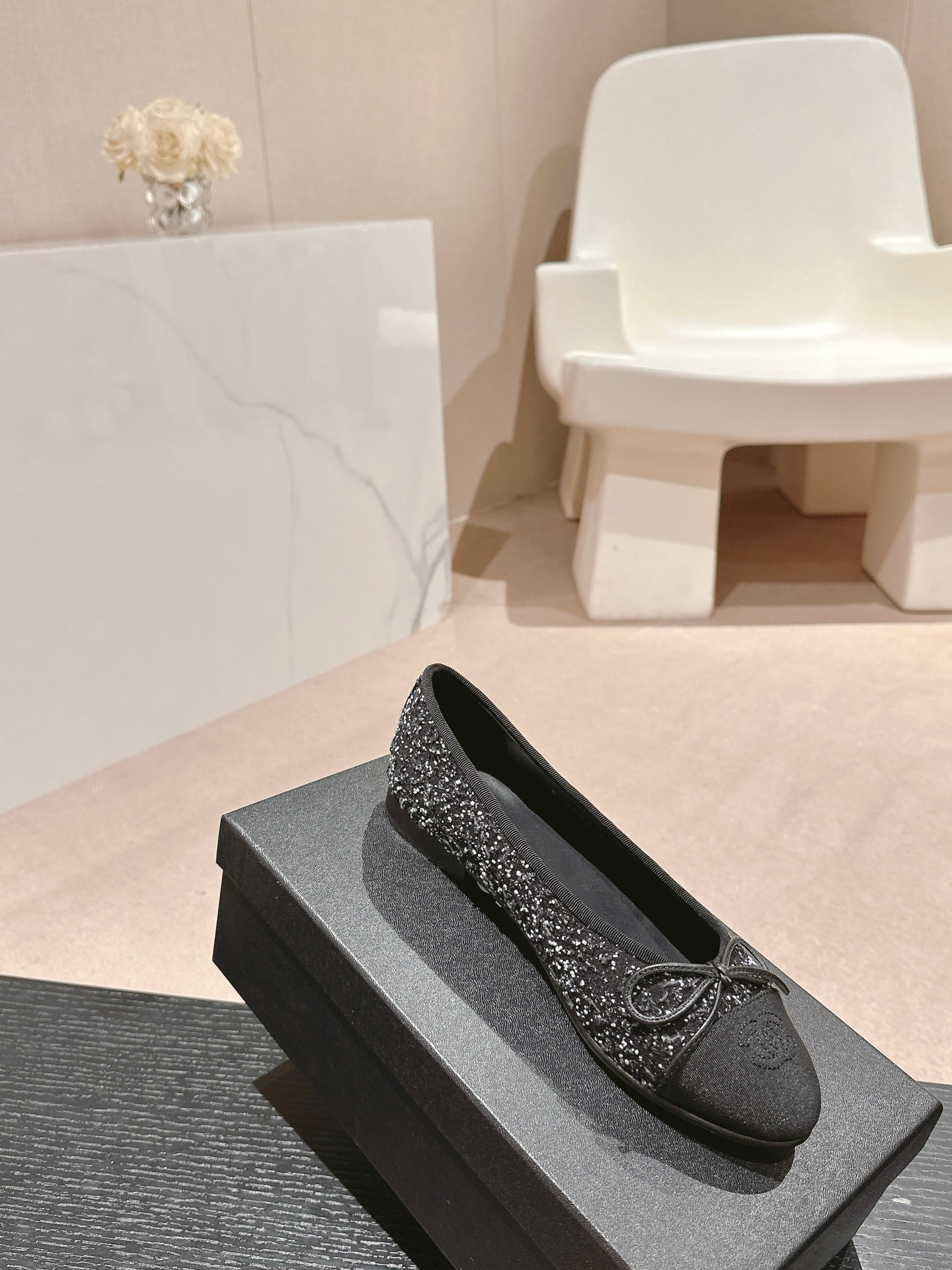 BALLET FLATS IN BLACK MIX WHITE TWEED AND SATIN - 34
