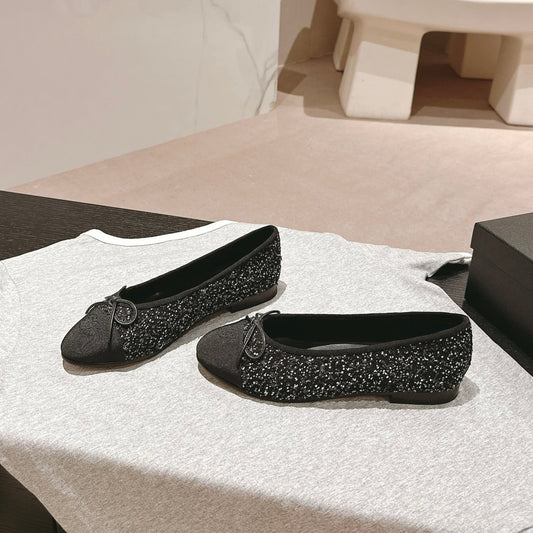 BALLET FLATS IN BLACK MIX WHITE TWEED AND SATIN - 34