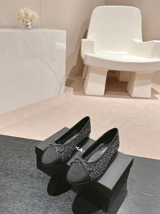 BALLET FLATS IN BLACK MIX WHITE TWEED AND SATIN - 34