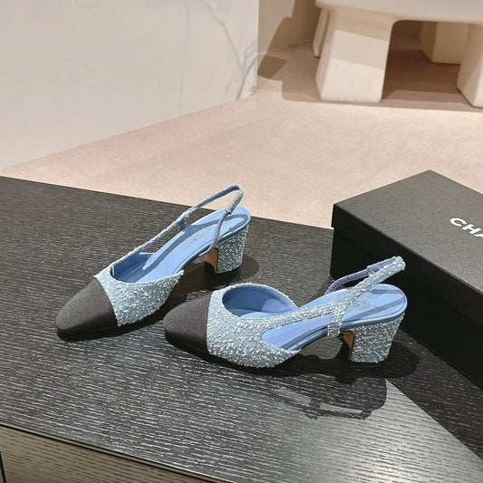 HIGH SLINGBACKS IN LIGHT BLUE DENIM AND BLACK SATIN - 34