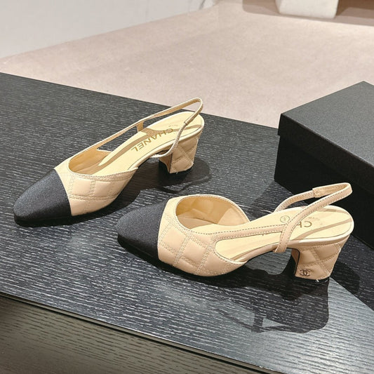HIGH SLINGBACKS IN BEIGE CREAM LAMBSKIN AND BLACK SATIN - 34