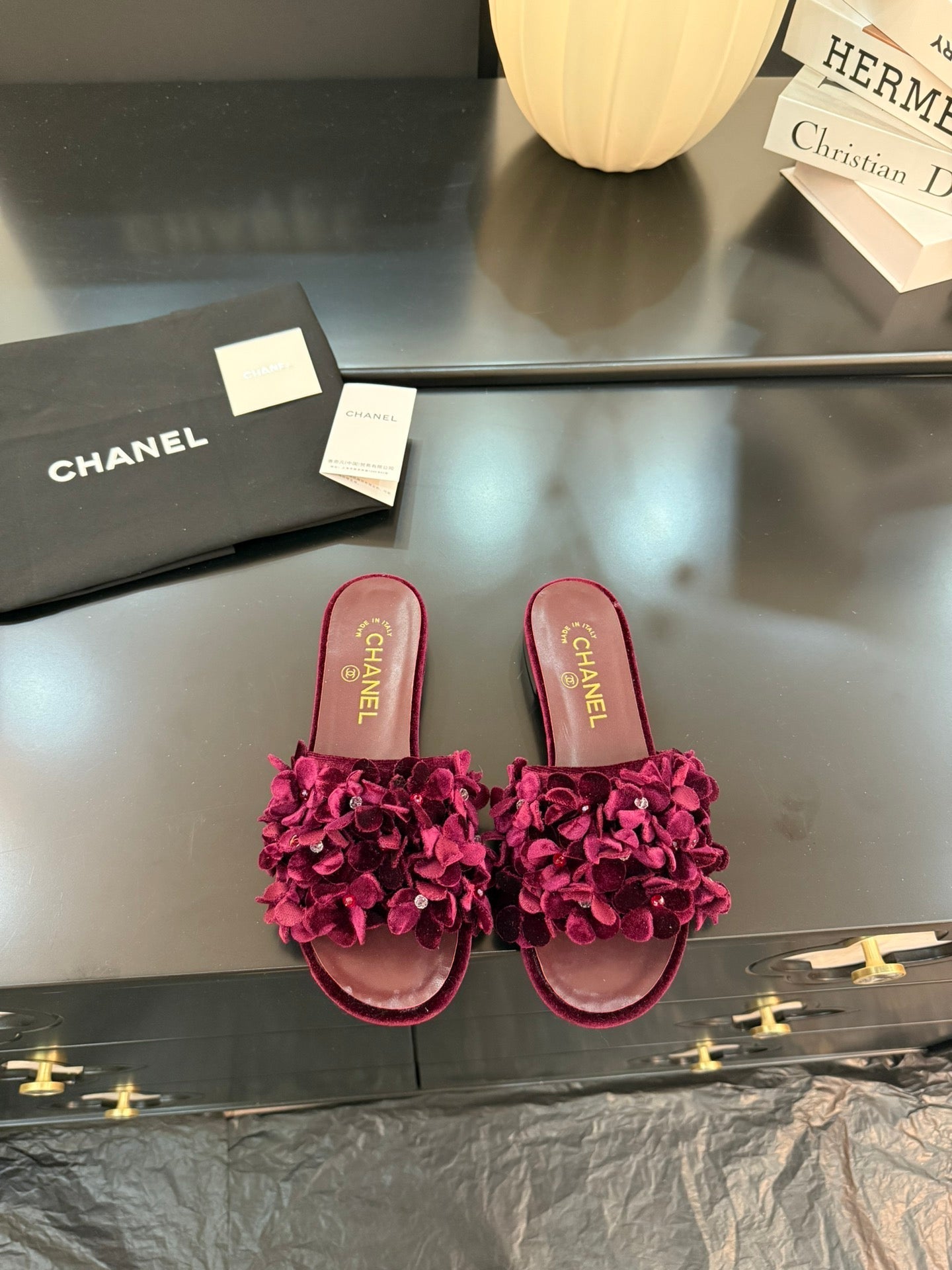 FLAT MULE 15 MM IN PLUM PURPLE VELVET - 34