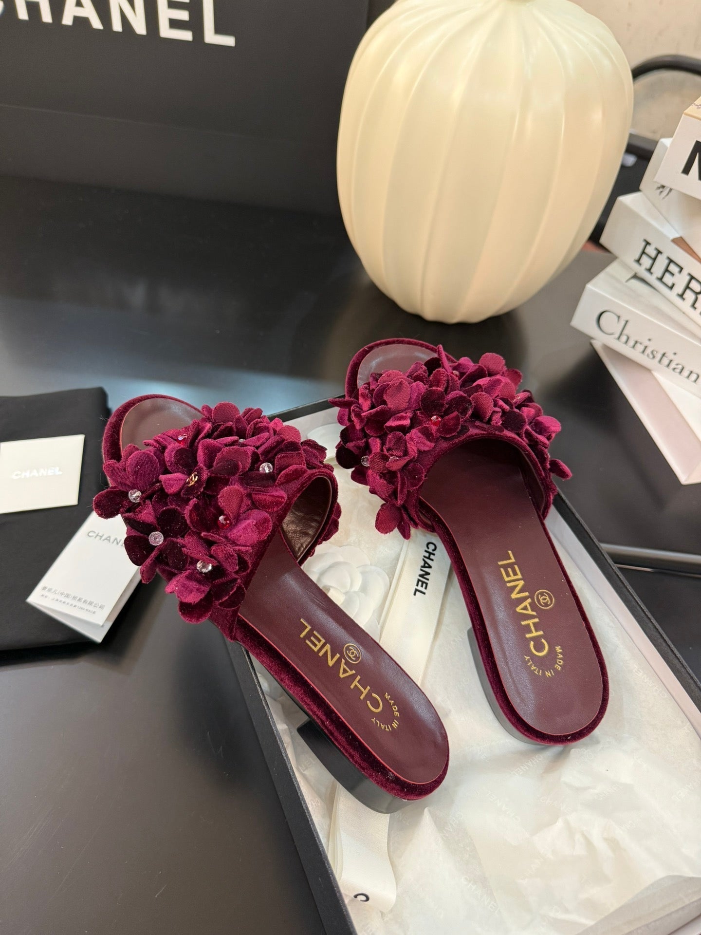 FLAT MULE 15 MM IN PLUM PURPLE VELVET - 34