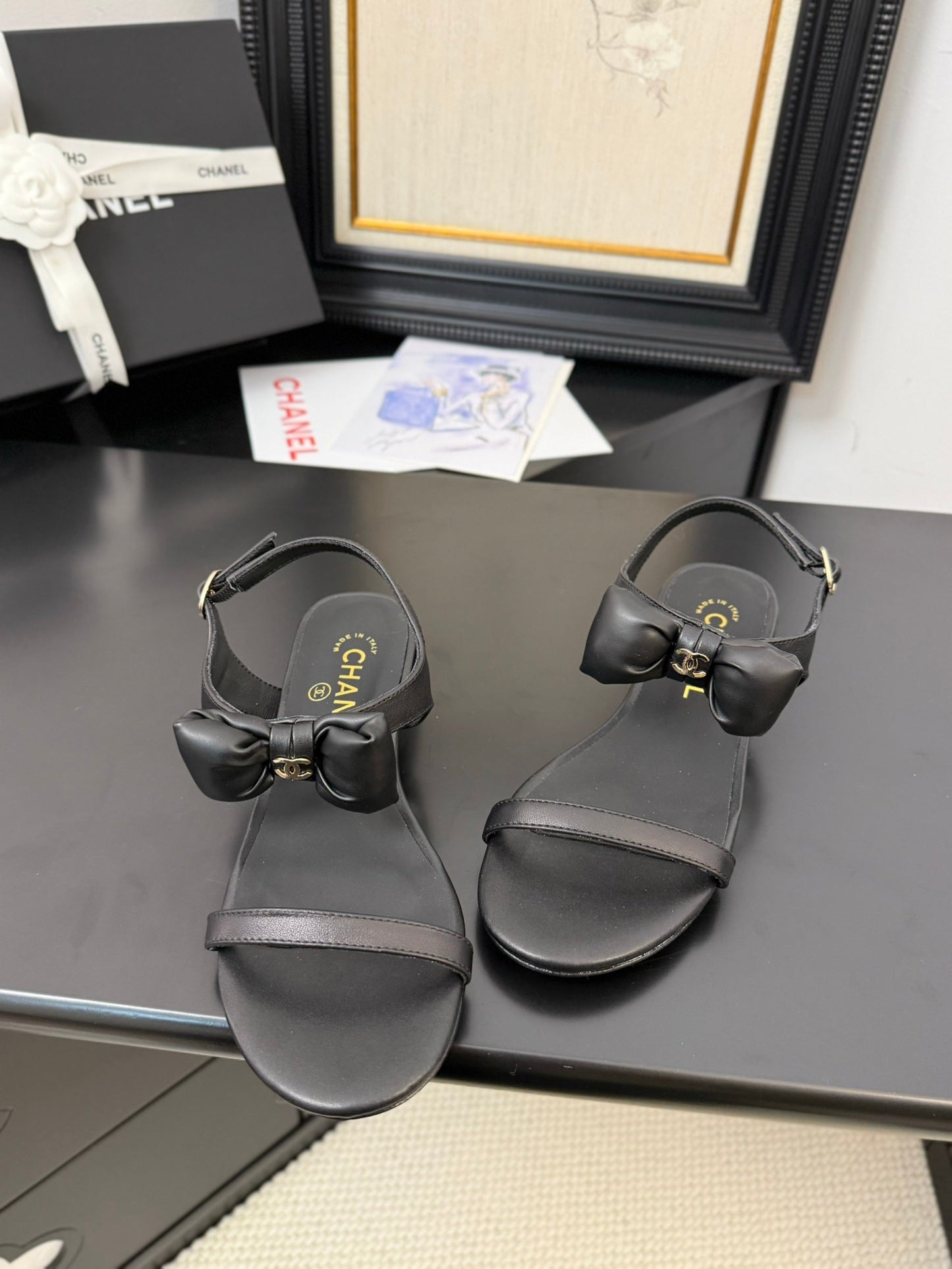 FLAT SANDALS 5 MM IN BLACK CALFSKIN - 34