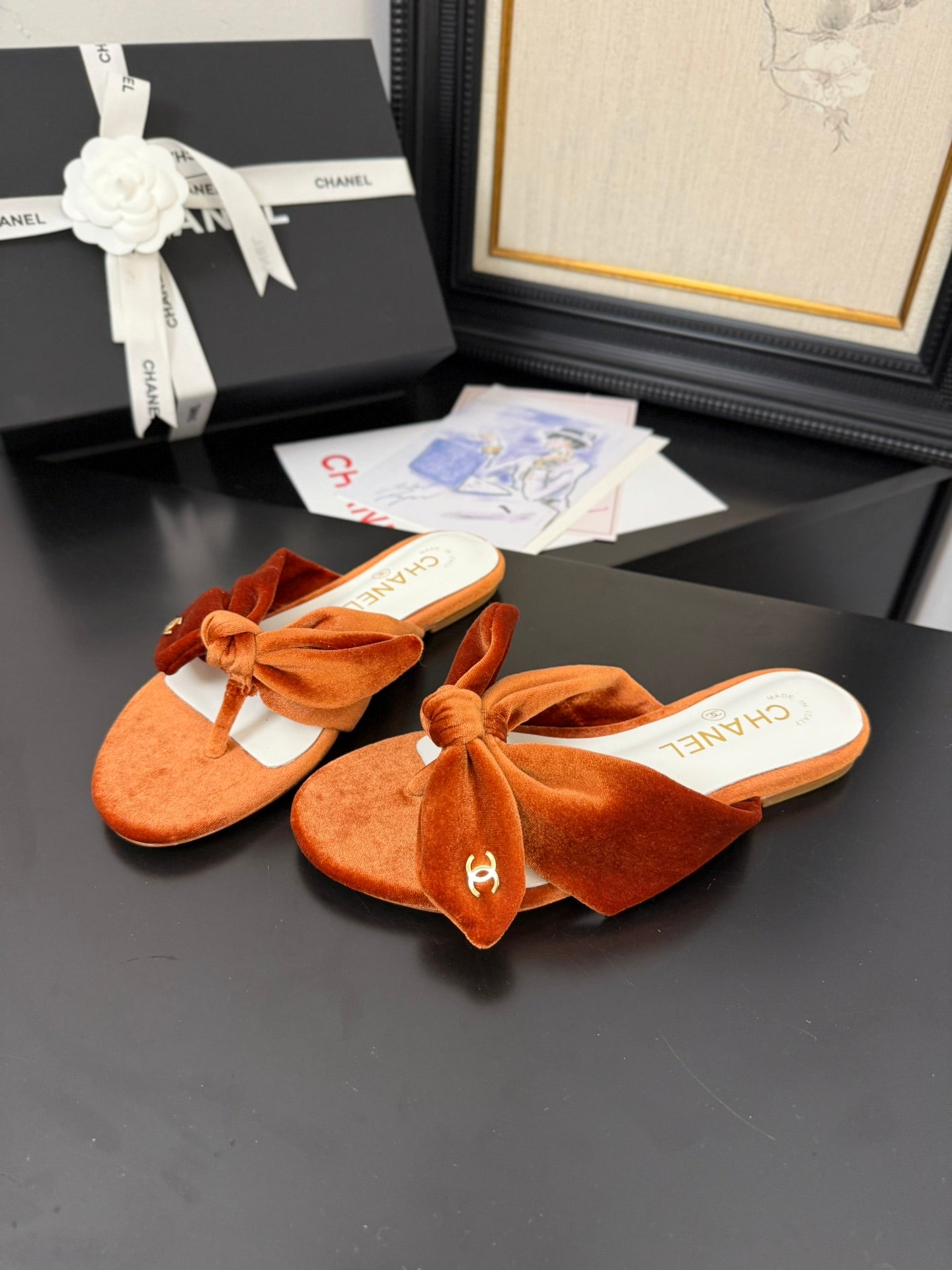 CC 25C Thong Sandal Bow Pumpkin Velvet fabric 233565 - 35