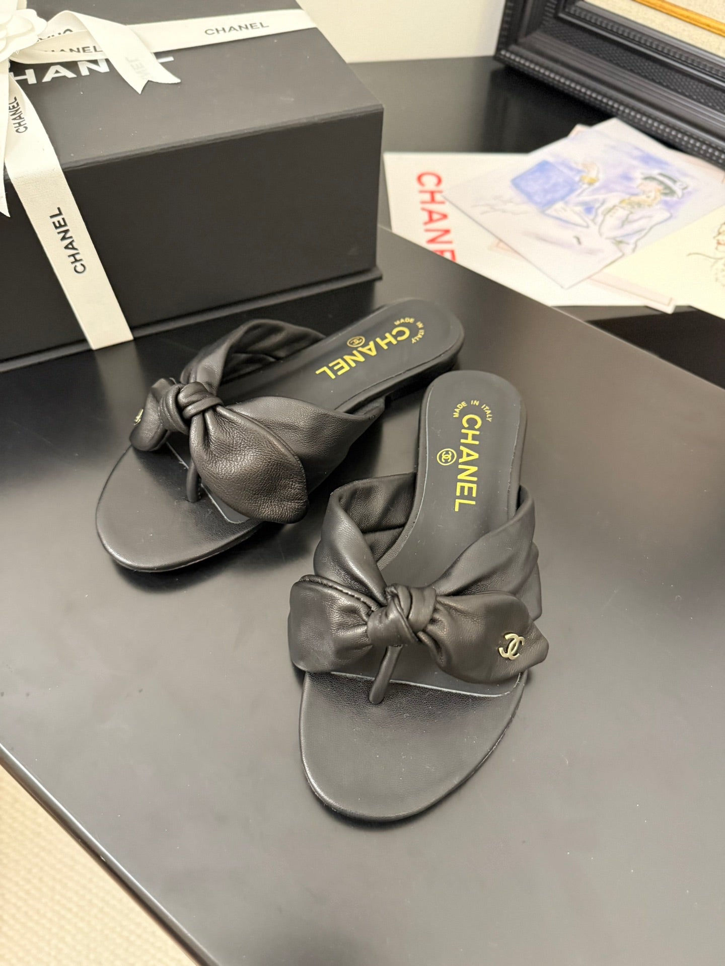 CC 25C Thong Sandal Bow Black Lambskin 233562 - 35