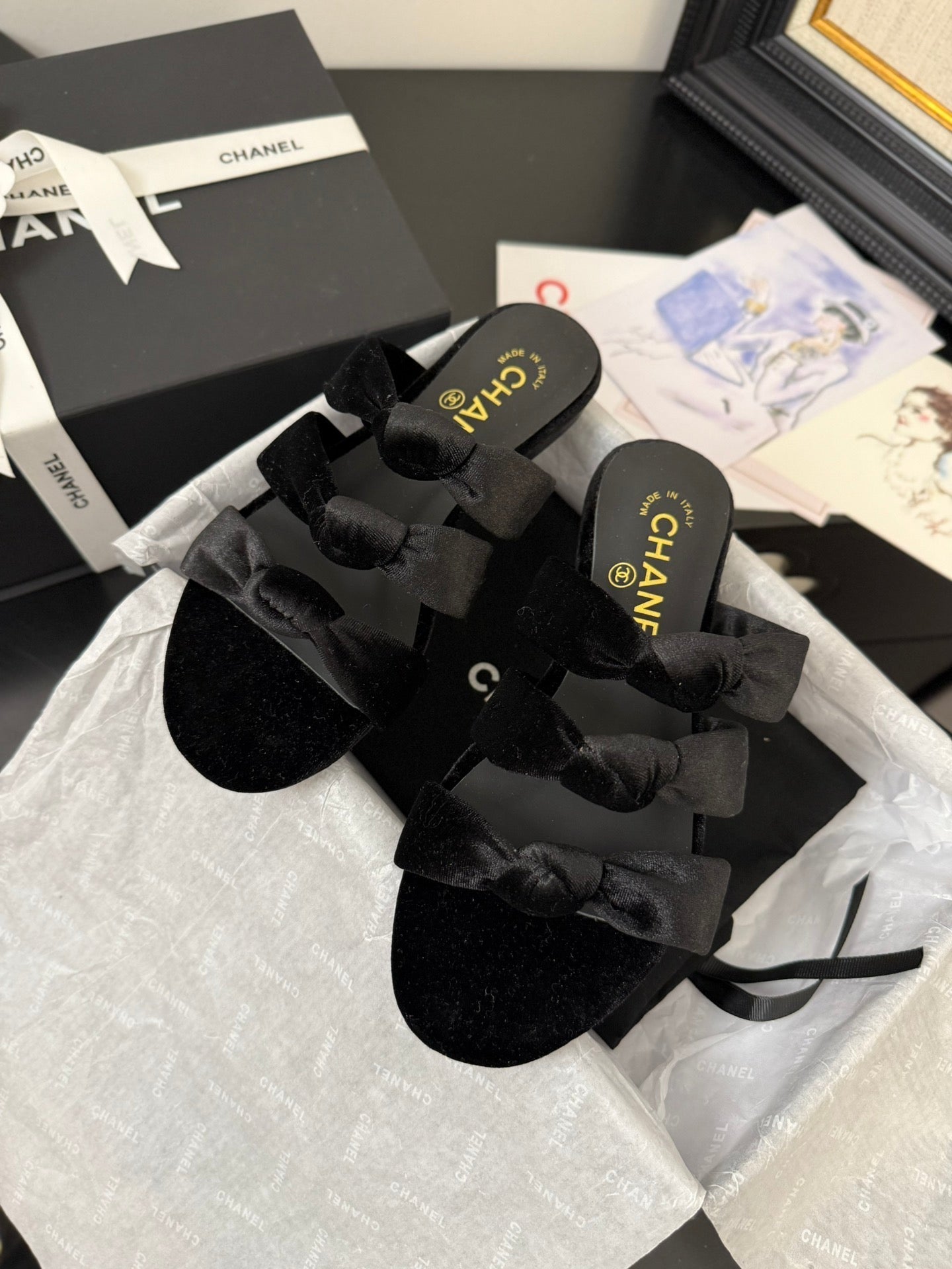 CC 25C Three Strap Mule Black Velvet fabric 233559 - 35