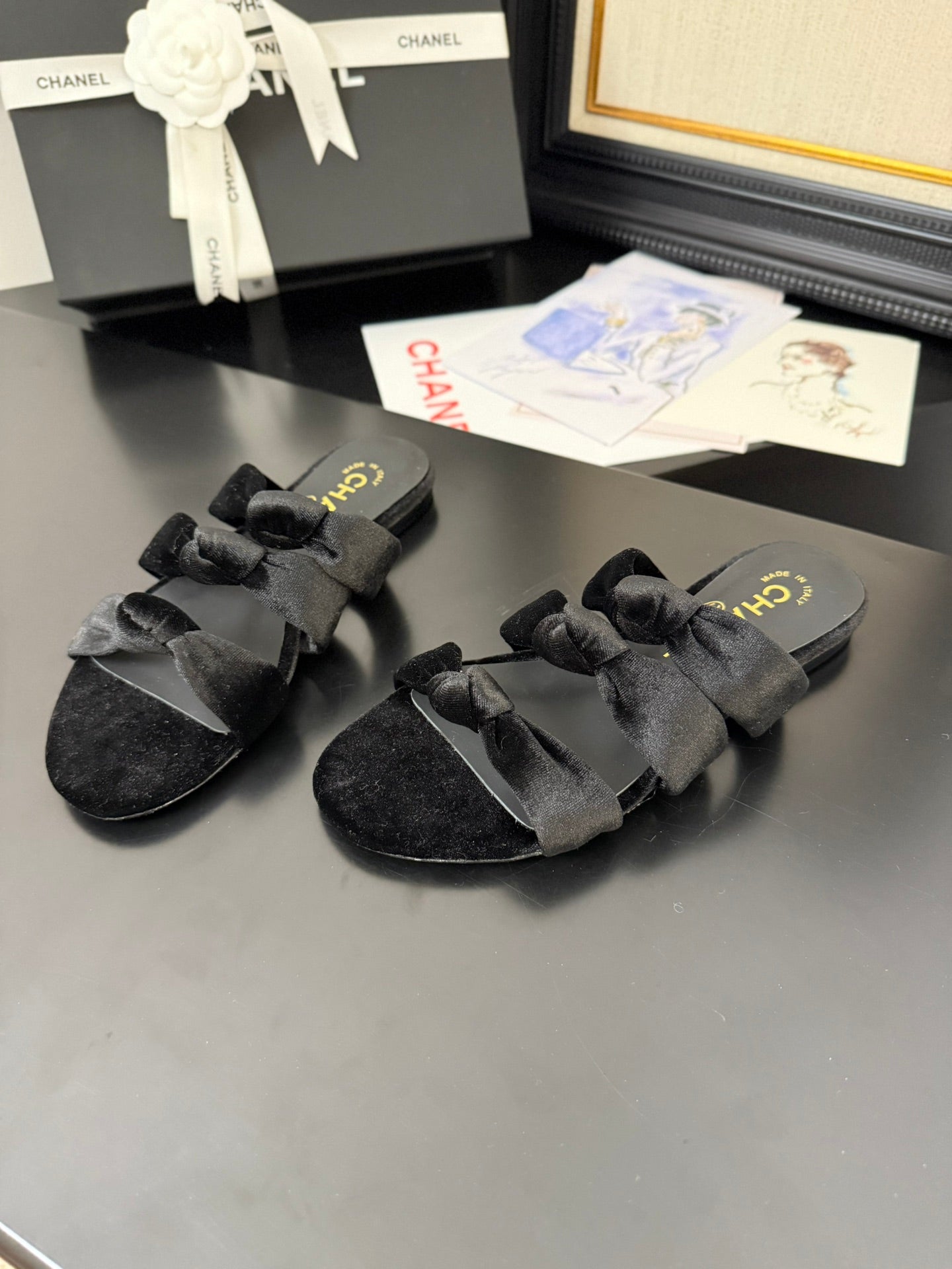 CC 25C Three Strap Mule Black Velvet fabric 233559 - 35