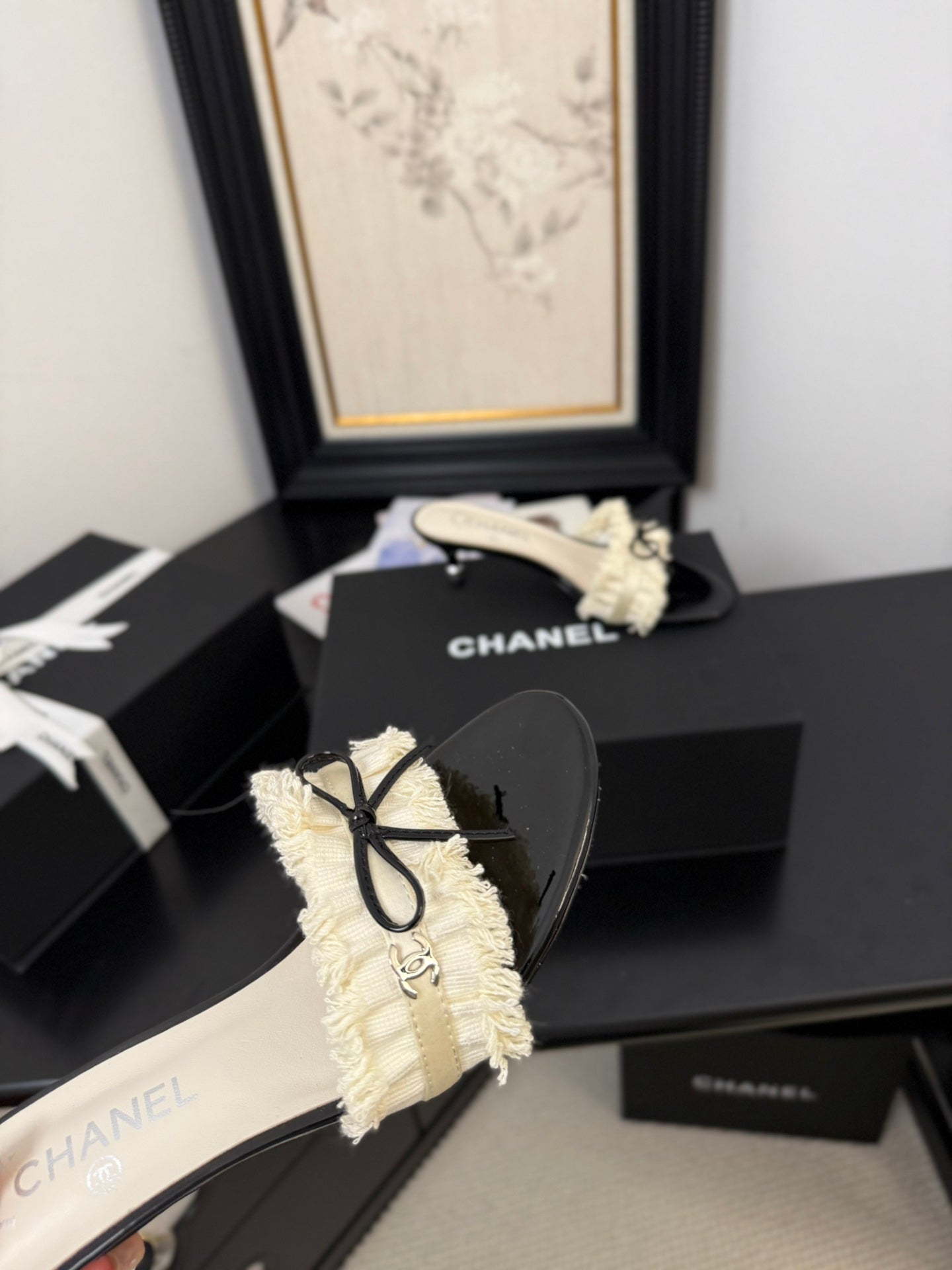 WHITE GROSGRAIN CANVAS BOW MULE SANDALS 65 MM - 35