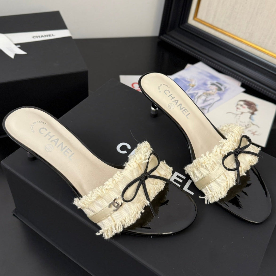 WHITE GROSGRAIN CANVAS BOW MULE SANDALS 65 MM - 35