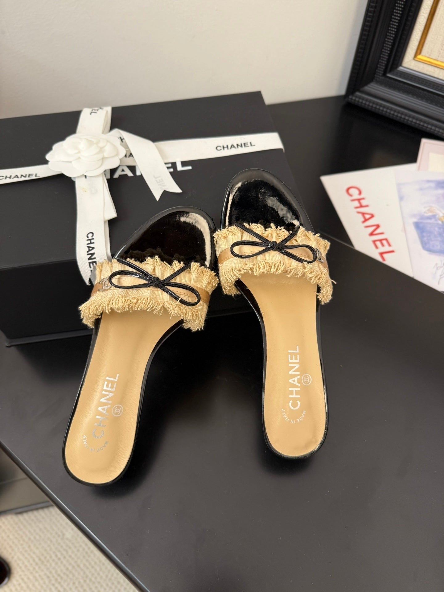 SAND YELLOW GROSGRAIN CANVAS BOW MULE SANDALS 65 MM - 35