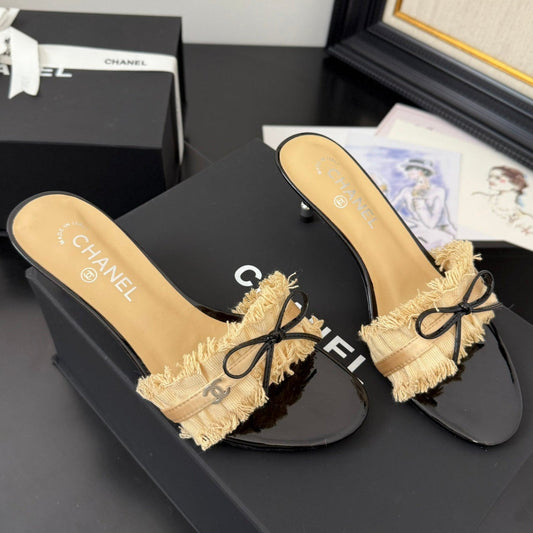 SAND YELLOW GROSGRAIN CANVAS BOW MULE SANDALS 65 MM - 35