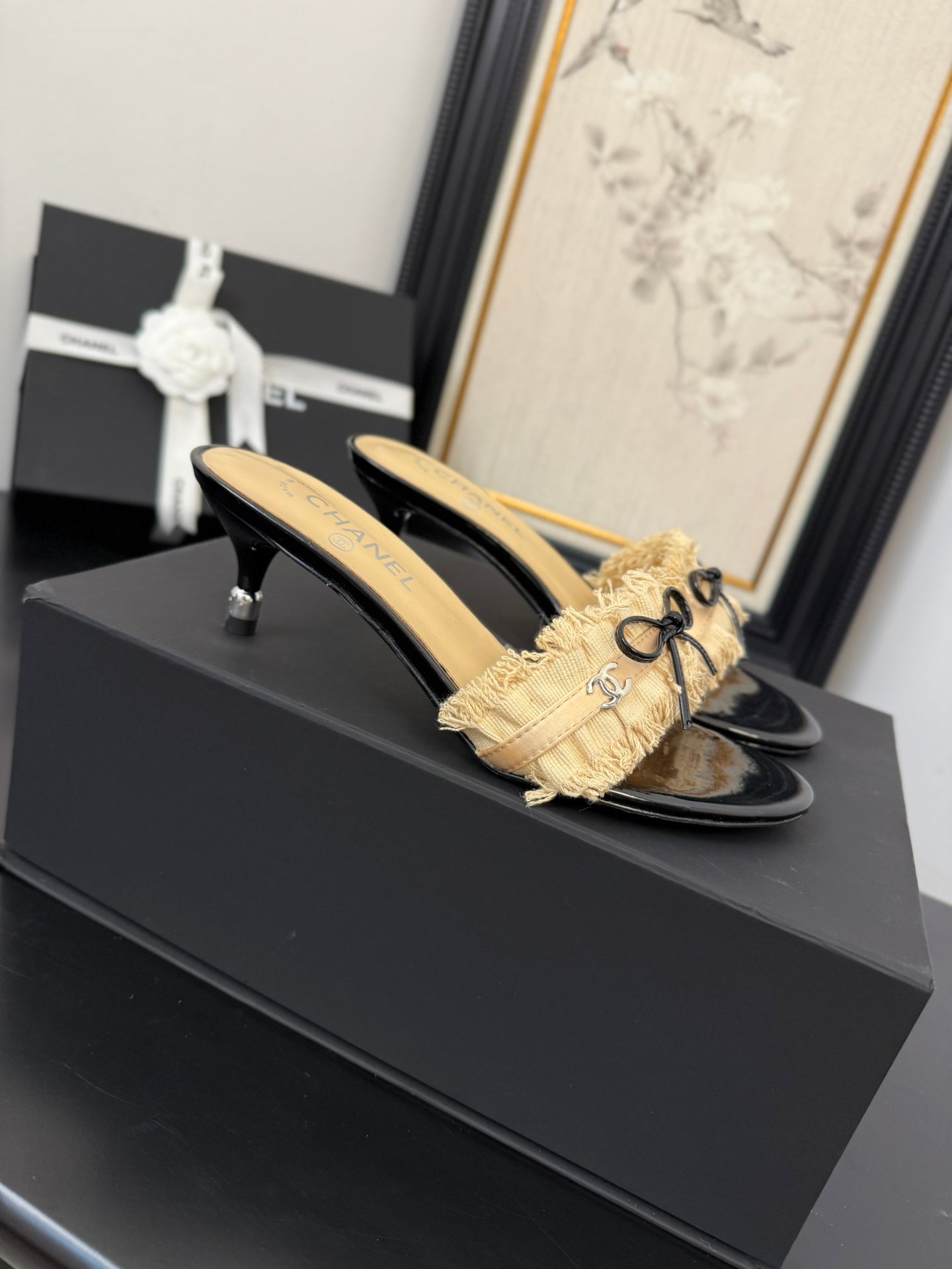 SAND YELLOW GROSGRAIN CANVAS BOW MULE SANDALS 65 MM - 35