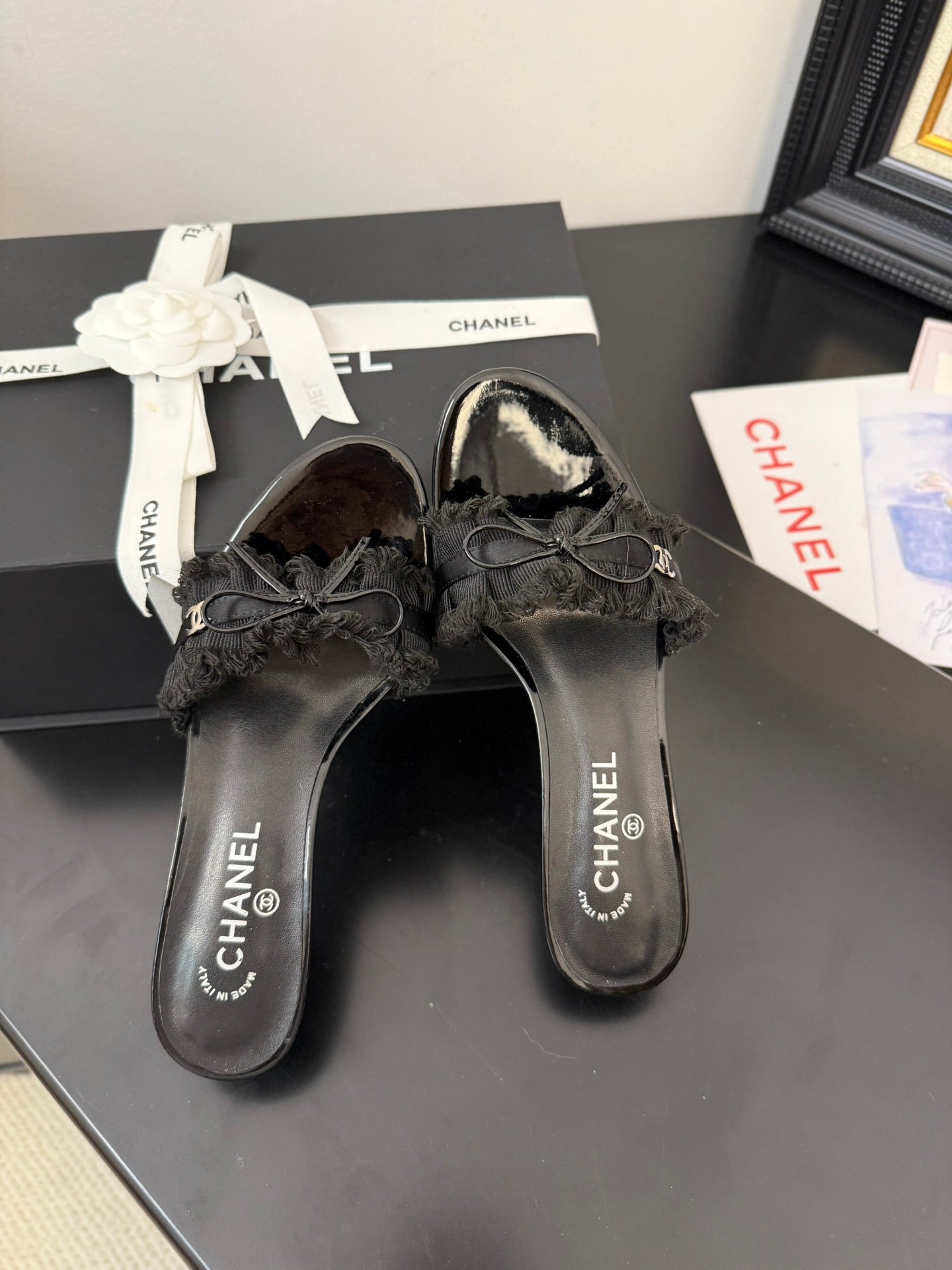 BLACK GROSGRAIN CANVAS BOW MULE SANDALS 65 MM - 35