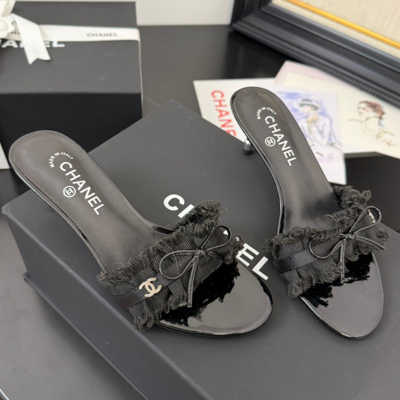 BLACK GROSGRAIN CANVAS BOW MULE SANDALS 65 MM - 35