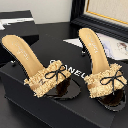 SAND YELLOW GROSGRAIN CANVAS BOW MULE SANDALS 90 MM - 35