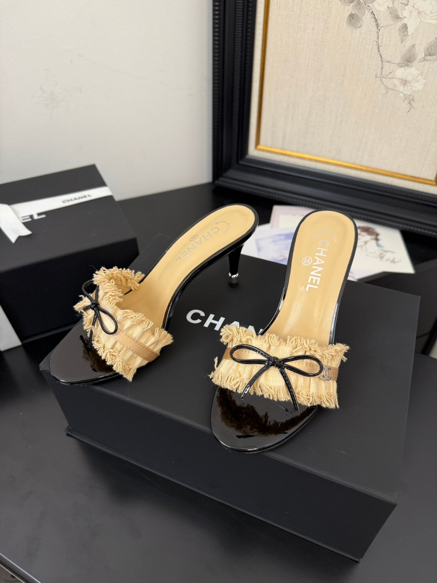 SAND YELLOW GROSGRAIN CANVAS BOW MULE SANDALS 90 MM - 35