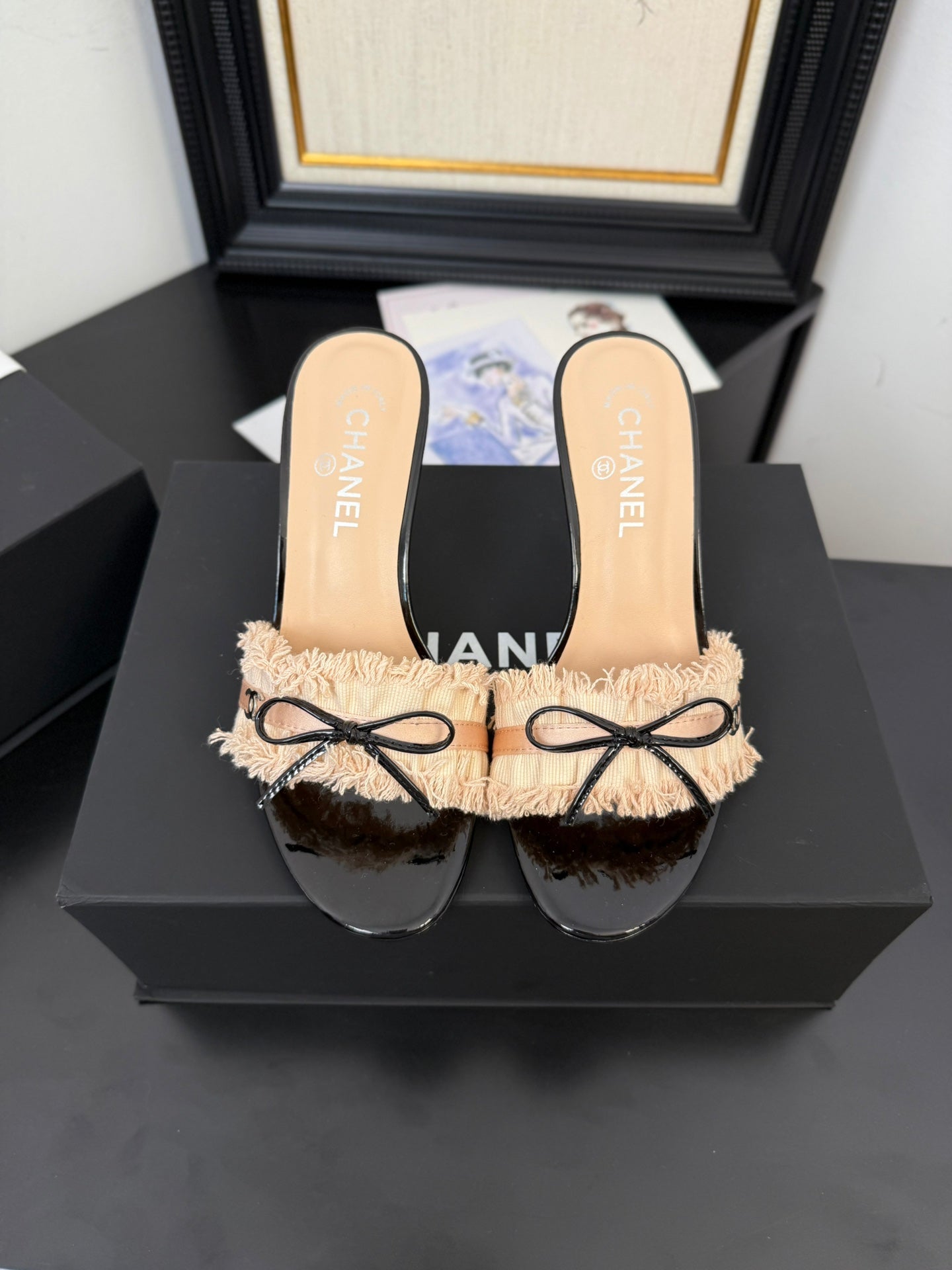 PEACH PINK GROSGRAIN CANVAS BOW MULE SANDALS 90 MM - 35