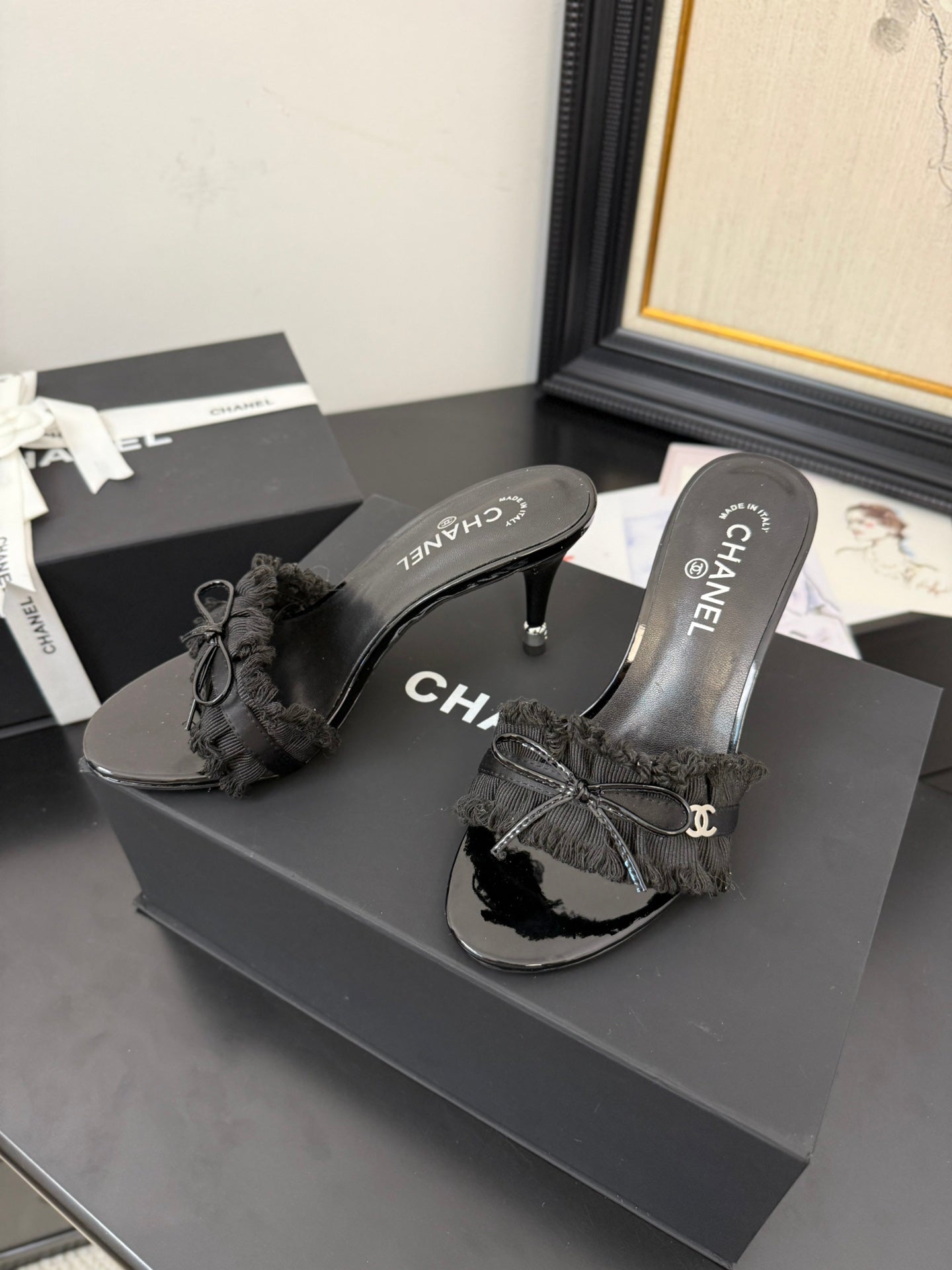 BLACK GROSGRAIN CANVAS BOW MULE SANDALS 90 MM - 35