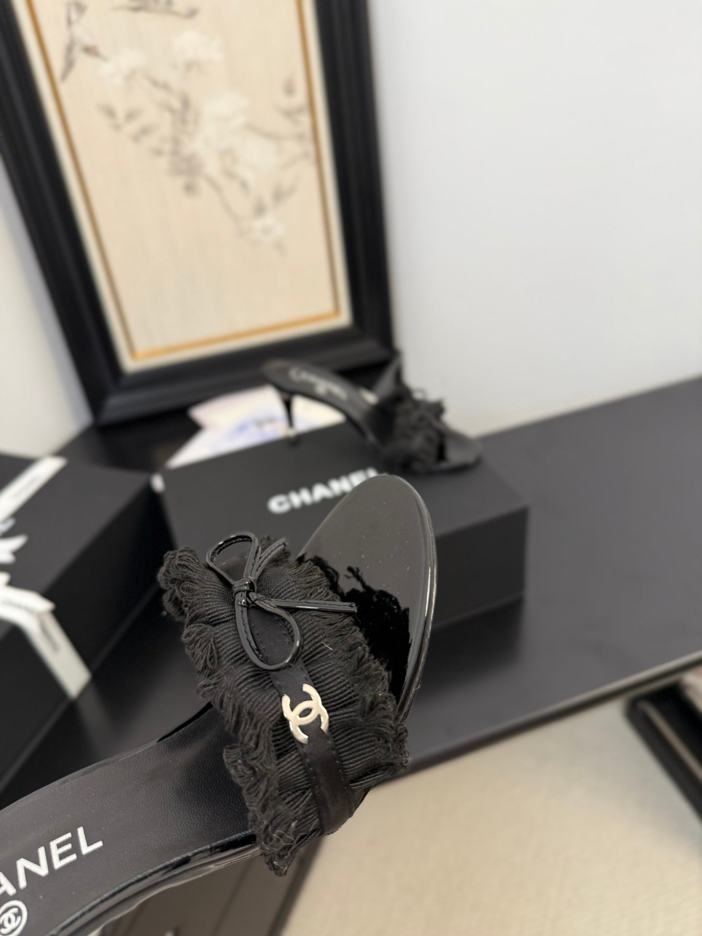 BLACK GROSGRAIN CANVAS BOW MULE SANDALS 90 MM - 35