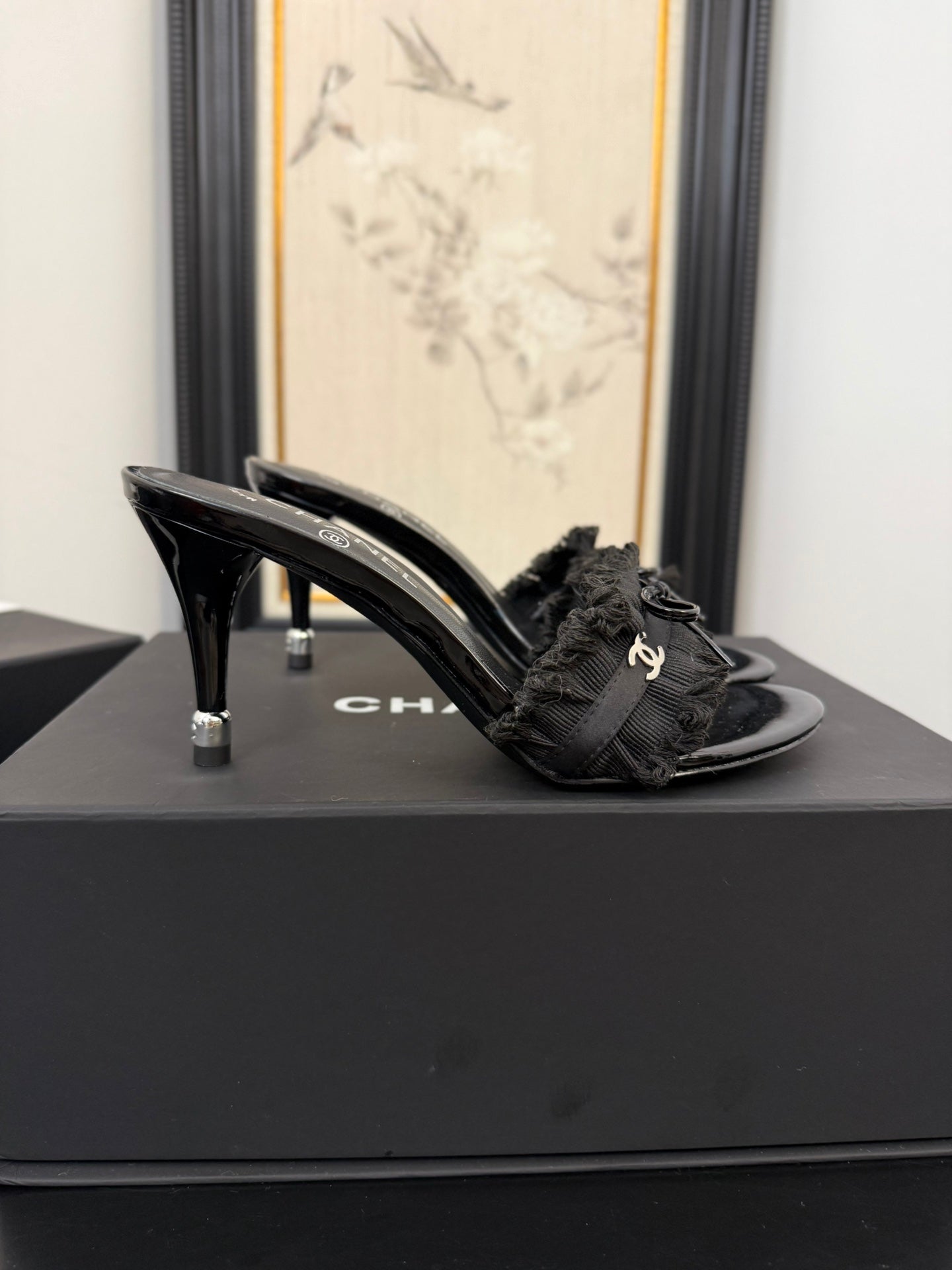 BLACK GROSGRAIN CANVAS BOW MULE SANDALS 90 MM - 35