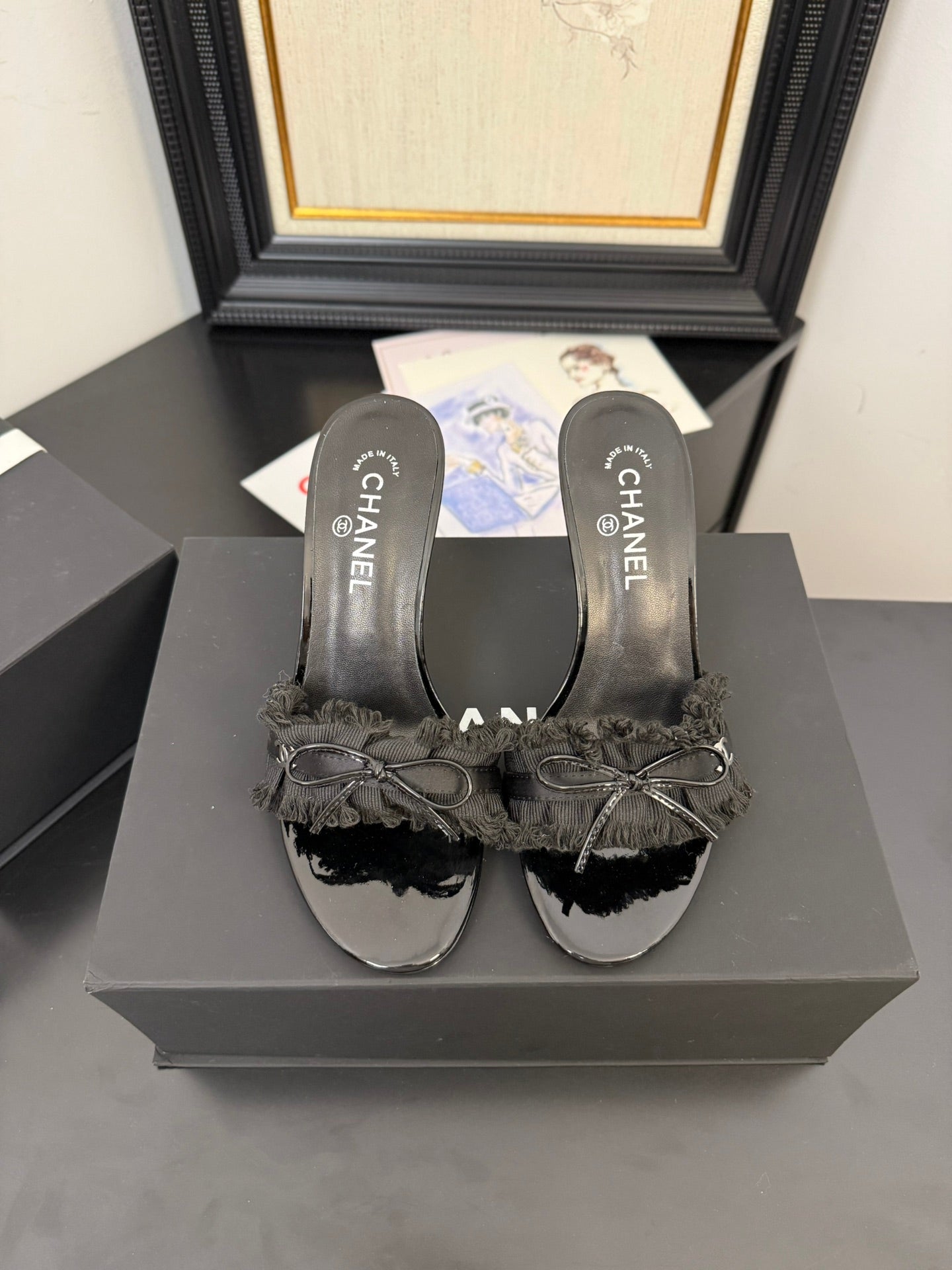 BLACK GROSGRAIN CANVAS BOW MULE SANDALS 90 MM - 35