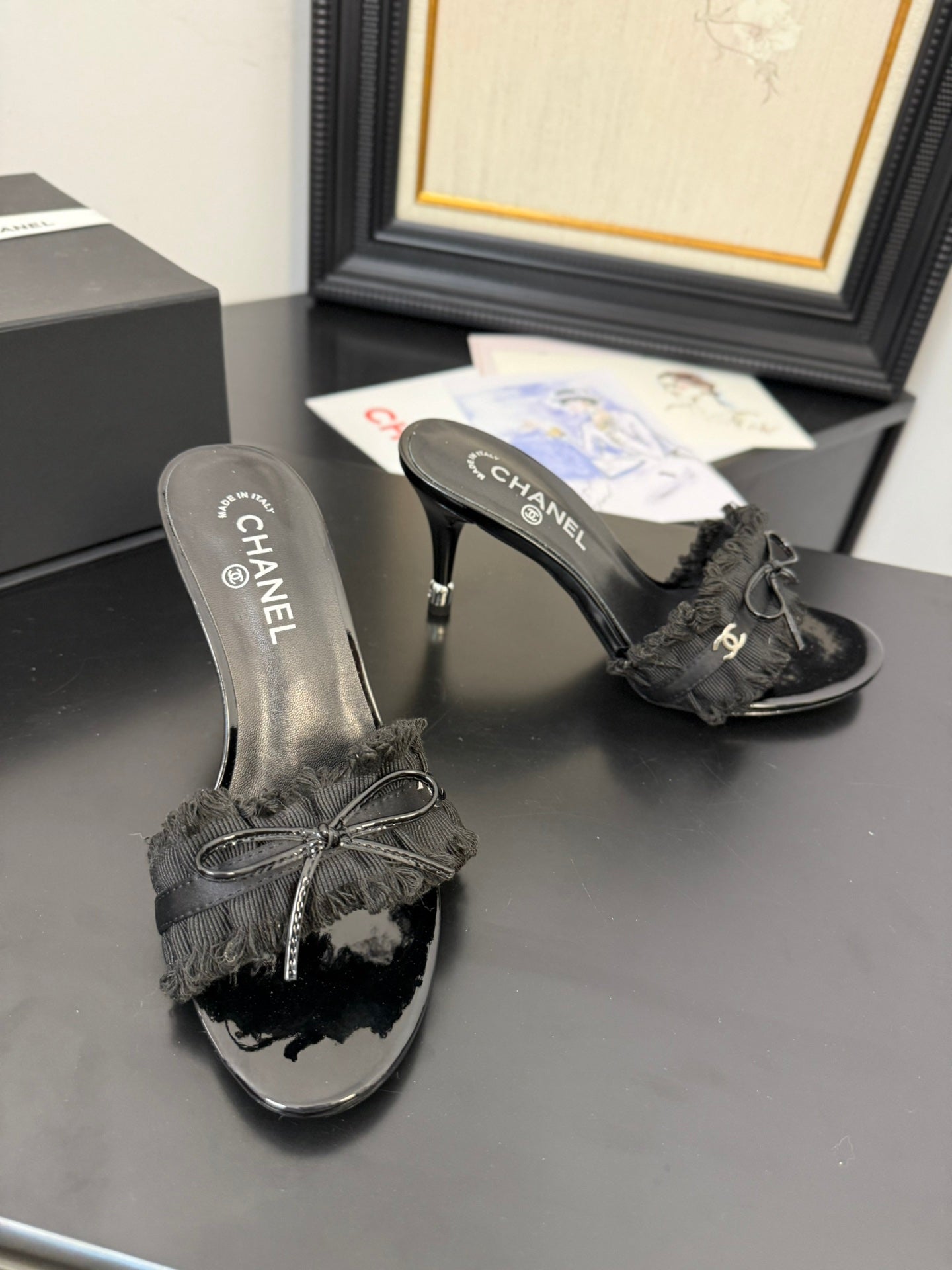 BLACK GROSGRAIN CANVAS BOW MULE SANDALS 90 MM - 35