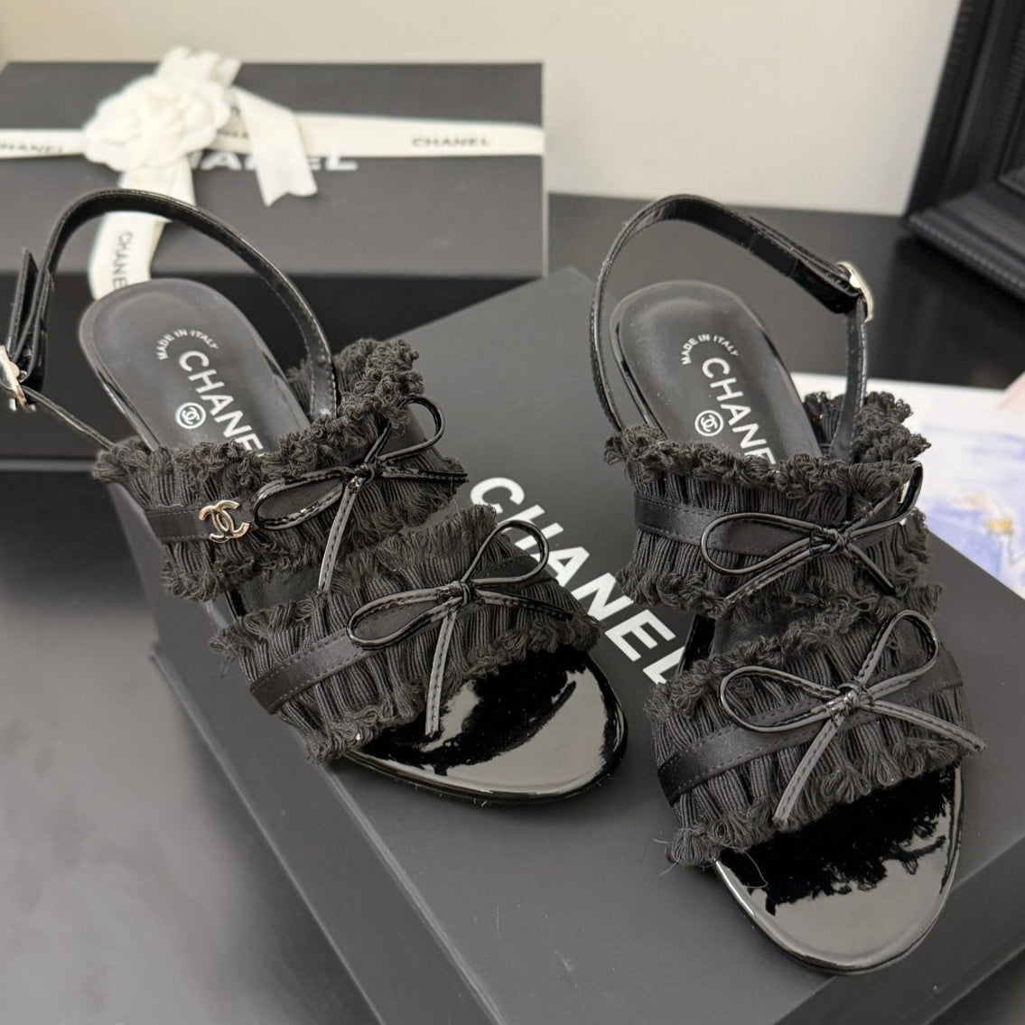 BLACK GROSGRAIN CANVAS BOW SLINGBACK SANDALS 65 MM - 35
