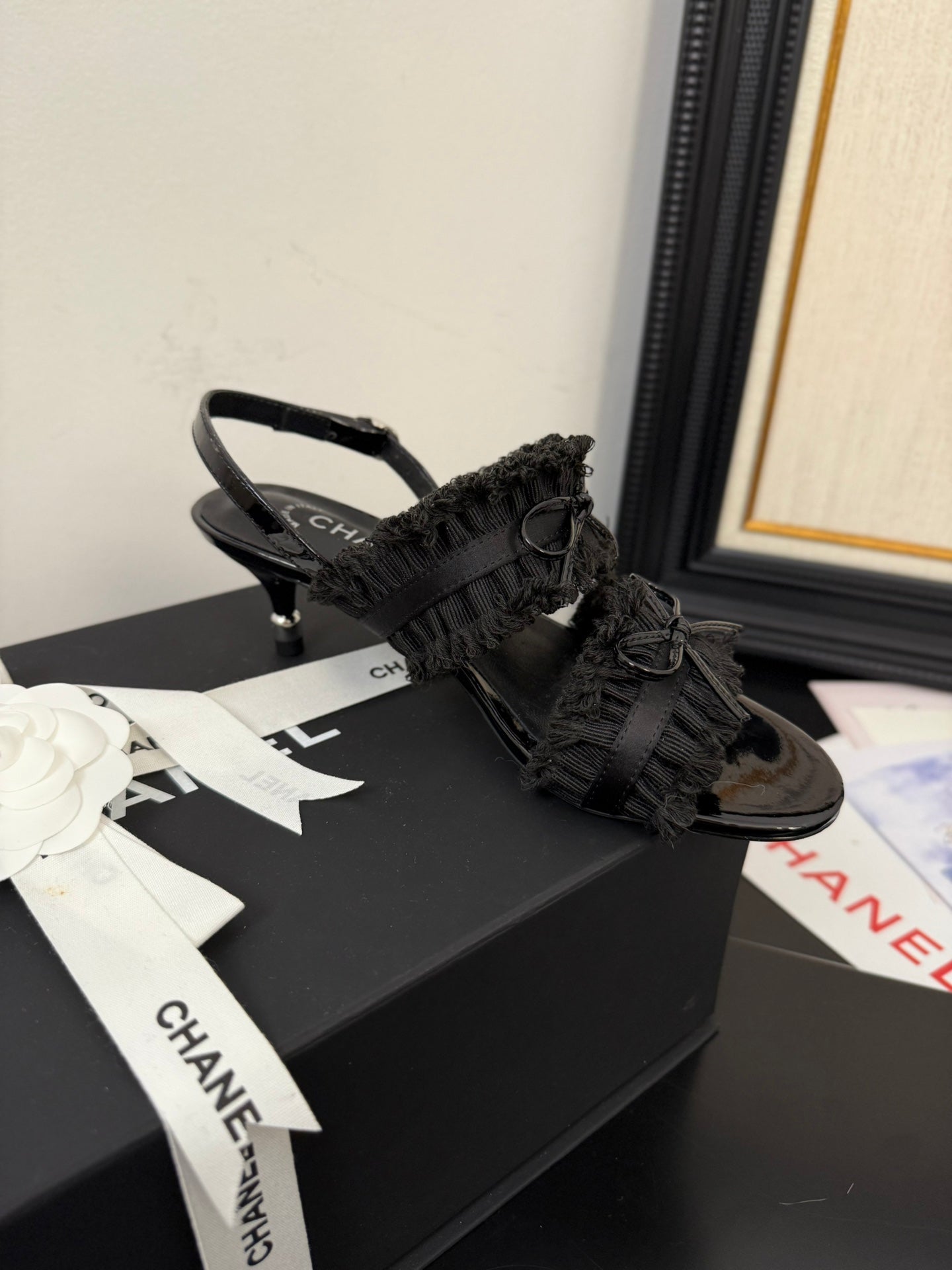 BLACK GROSGRAIN CANVAS BOW SLINGBACK SANDALS 65 MM - 35