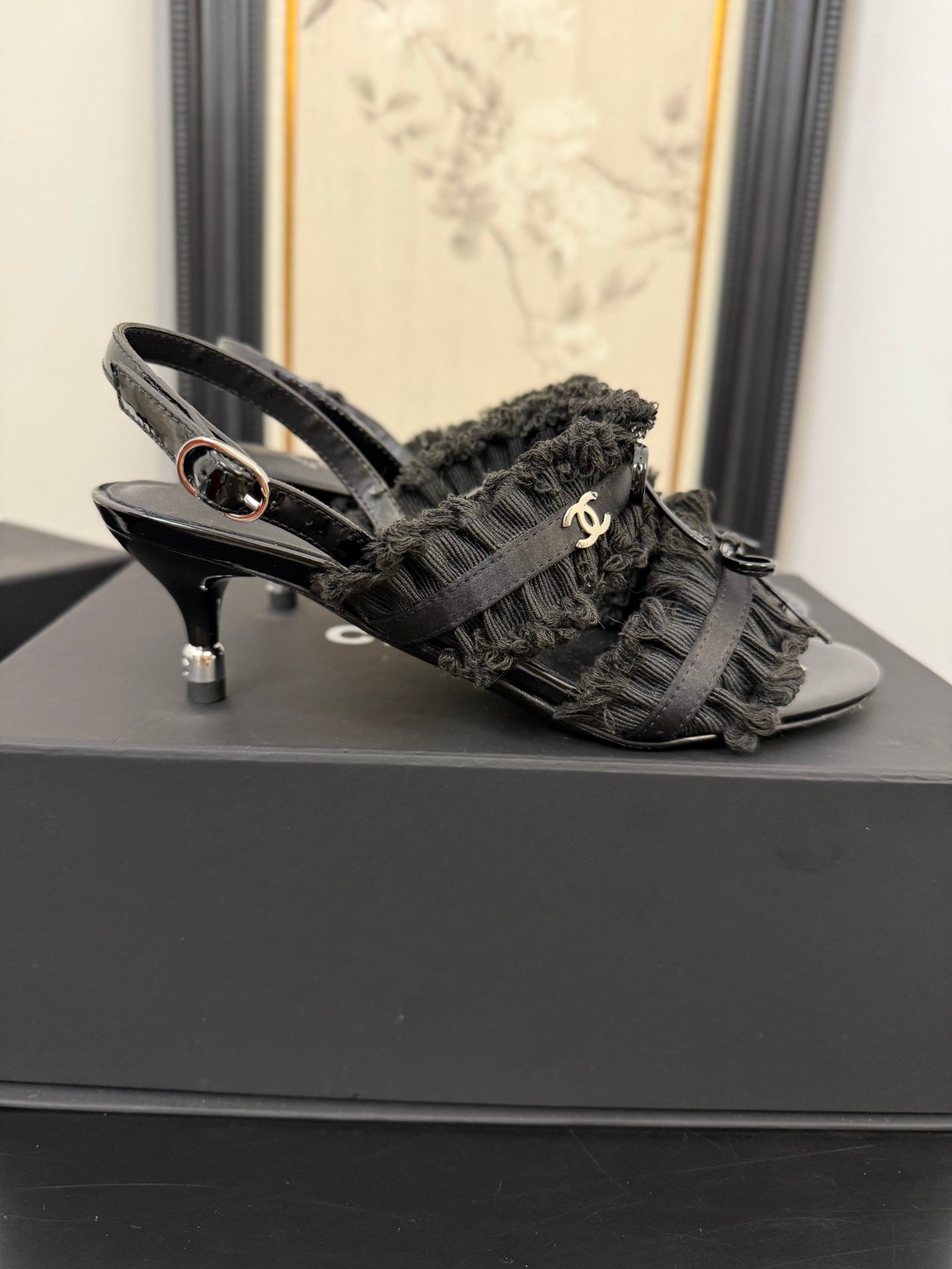 BLACK GROSGRAIN CANVAS BOW SLINGBACK SANDALS 65 MM - 35