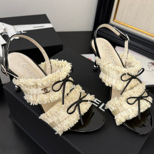 WHITE GROSGRAIN CANVAS BOW SLINGBACK SANDALS - 35