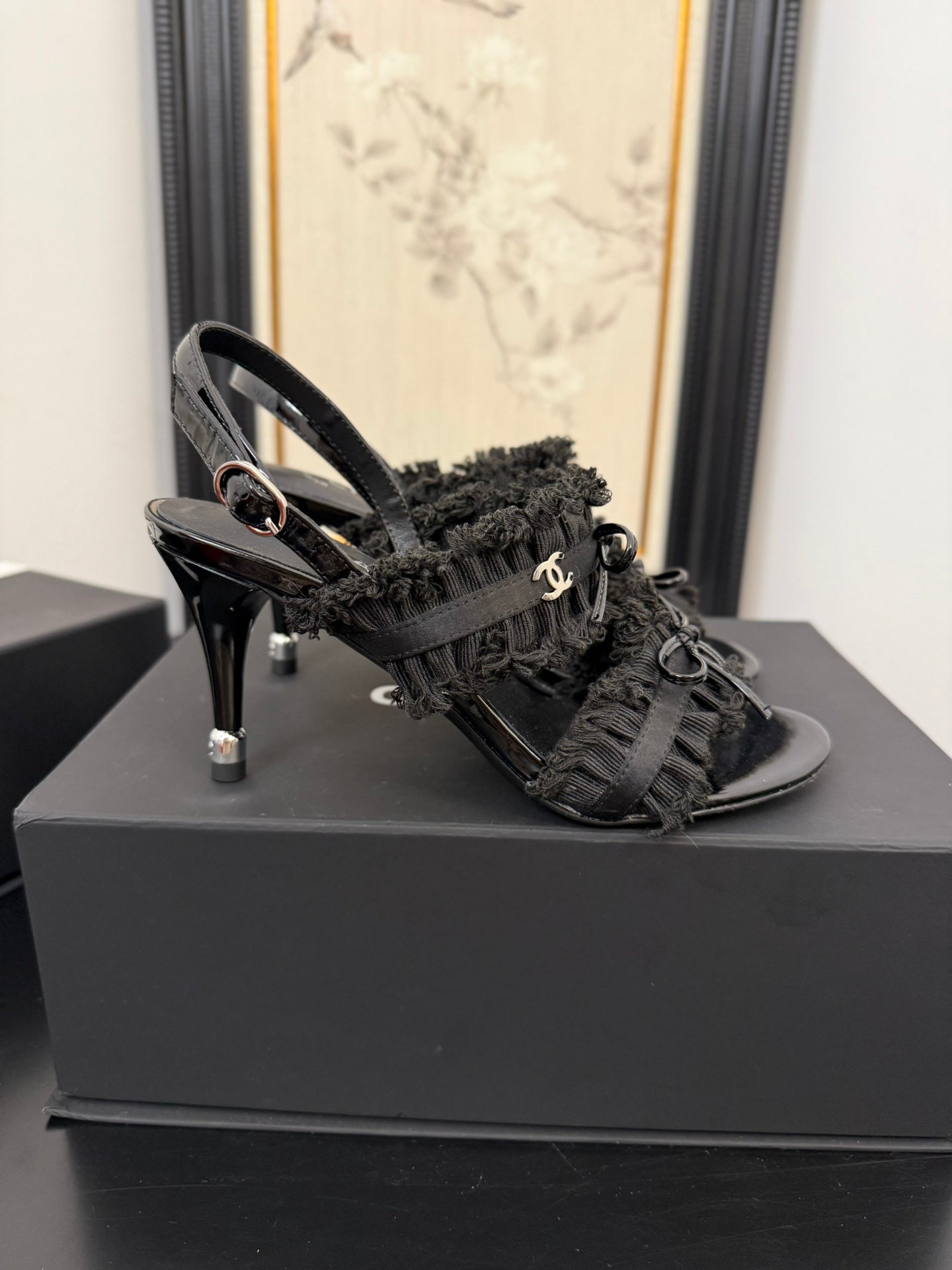 BLACK GROSGRAIN CANVAS BOW SLINGBACK SANDALS - 35