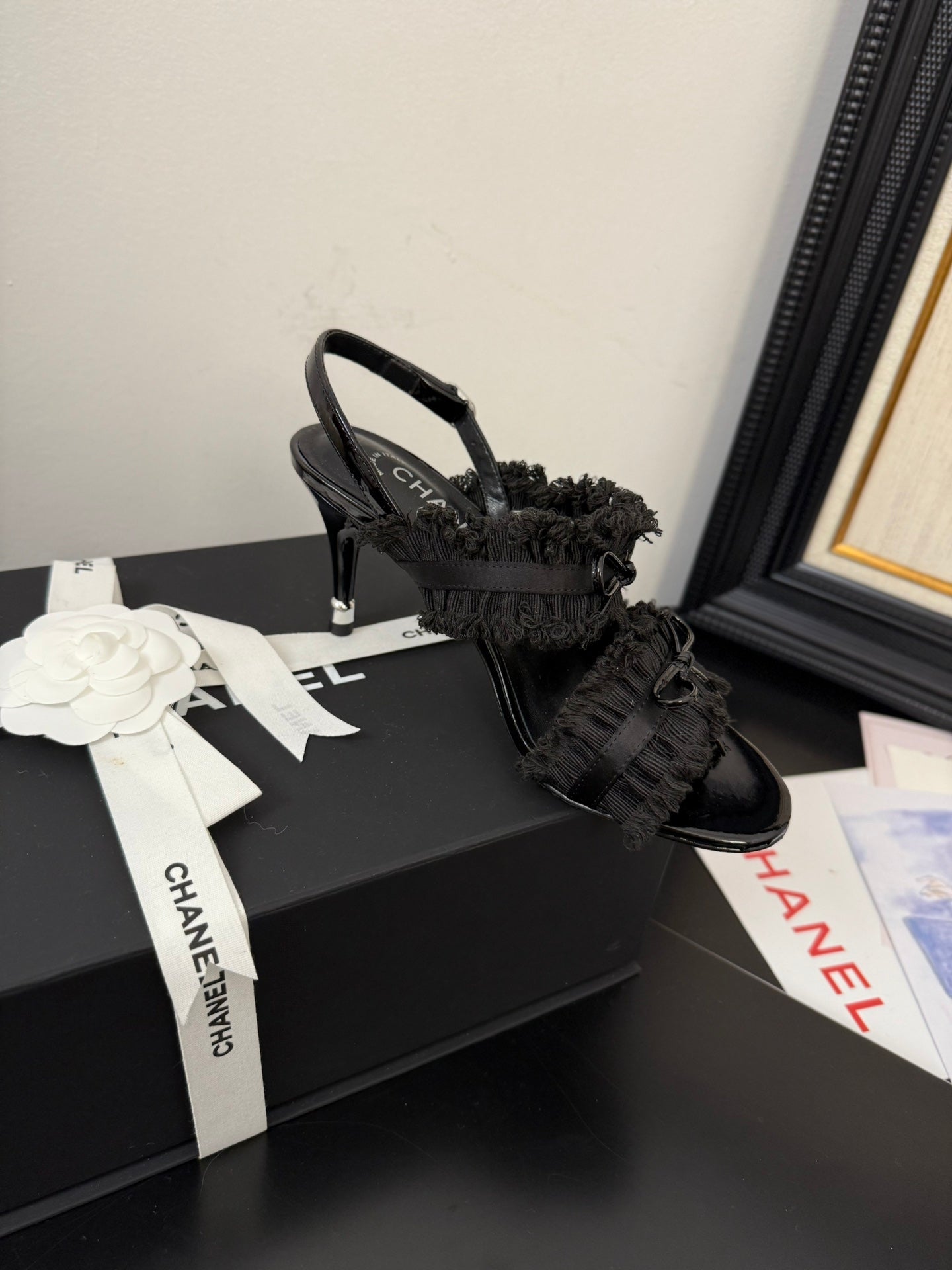 BLACK GROSGRAIN CANVAS BOW SLINGBACK SANDALS - 35