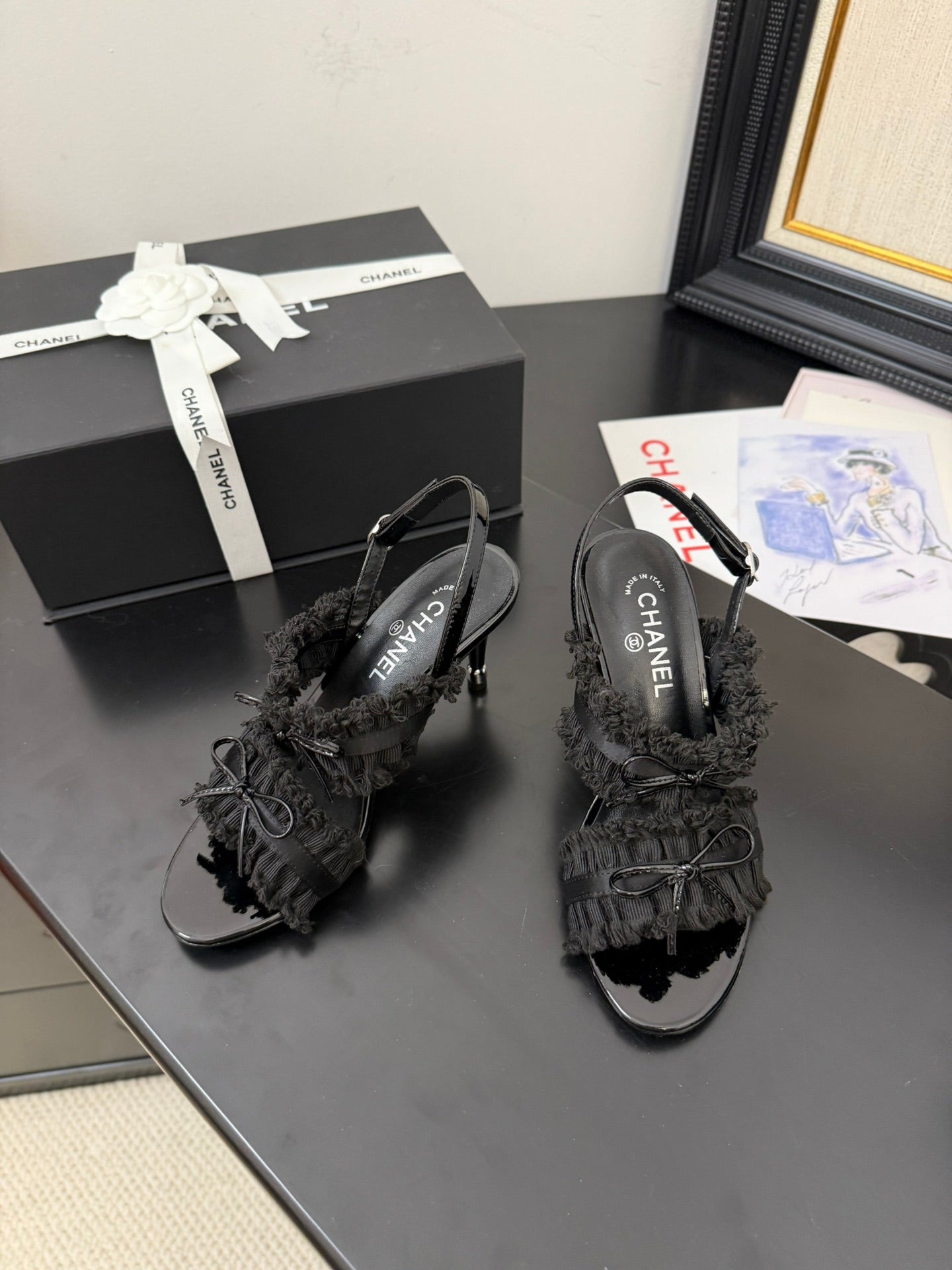 BLACK GROSGRAIN CANVAS BOW SLINGBACK SANDALS - 35