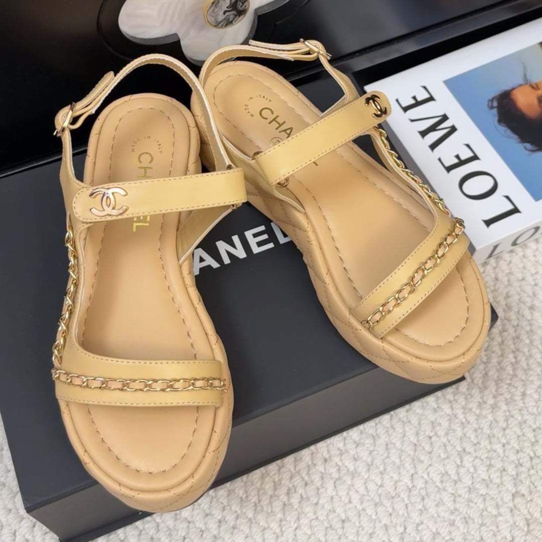 THICK-SOLED SANDALS 55 MM IN SAND YELLOW CALFSKIN - 34