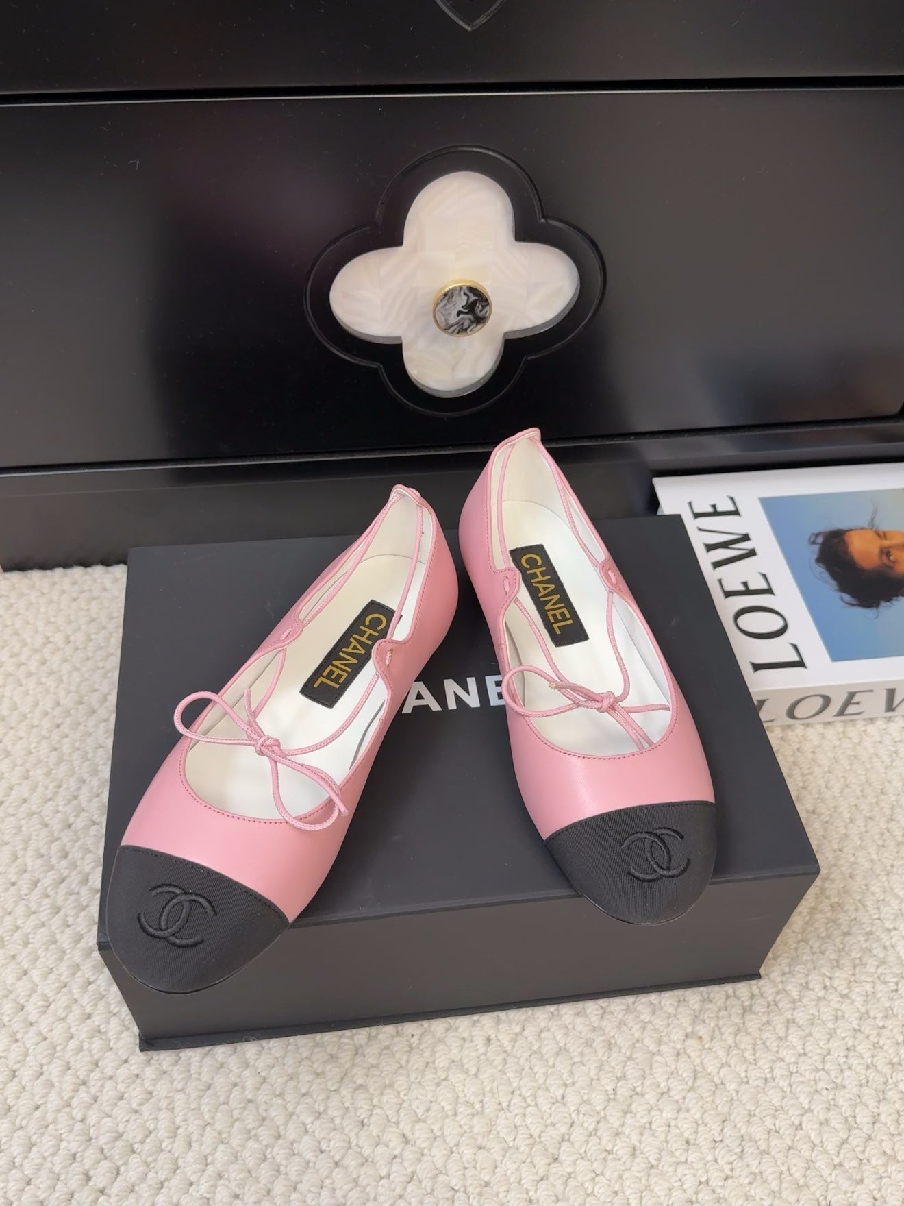 FLAT MARY JANE PUMPS IN BABY PINK LAMBSKIN MIX BLACK FABRIC - 34