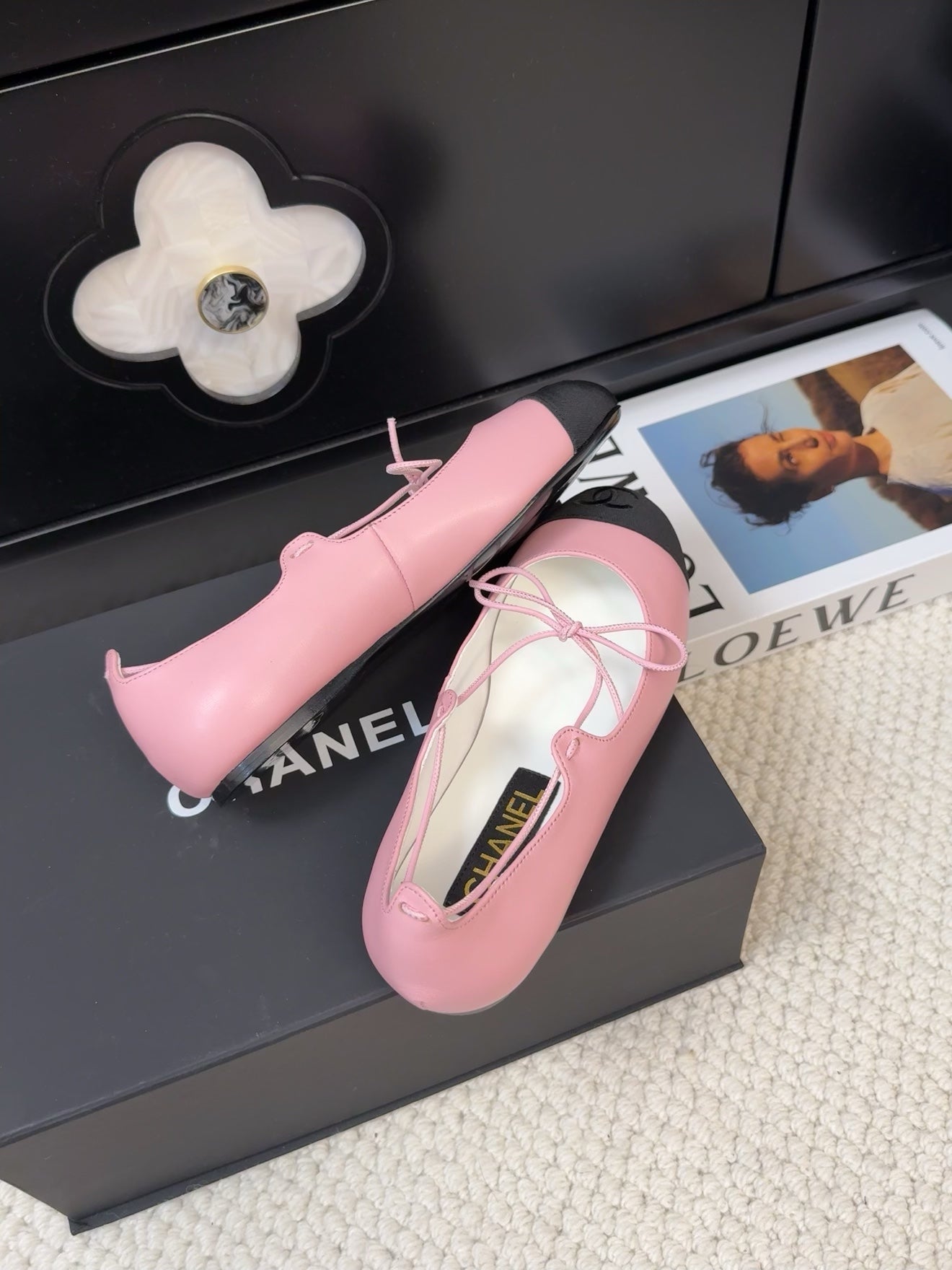 FLAT MARY JANE PUMPS IN BABY PINK LAMBSKIN MIX BLACK FABRIC - 34