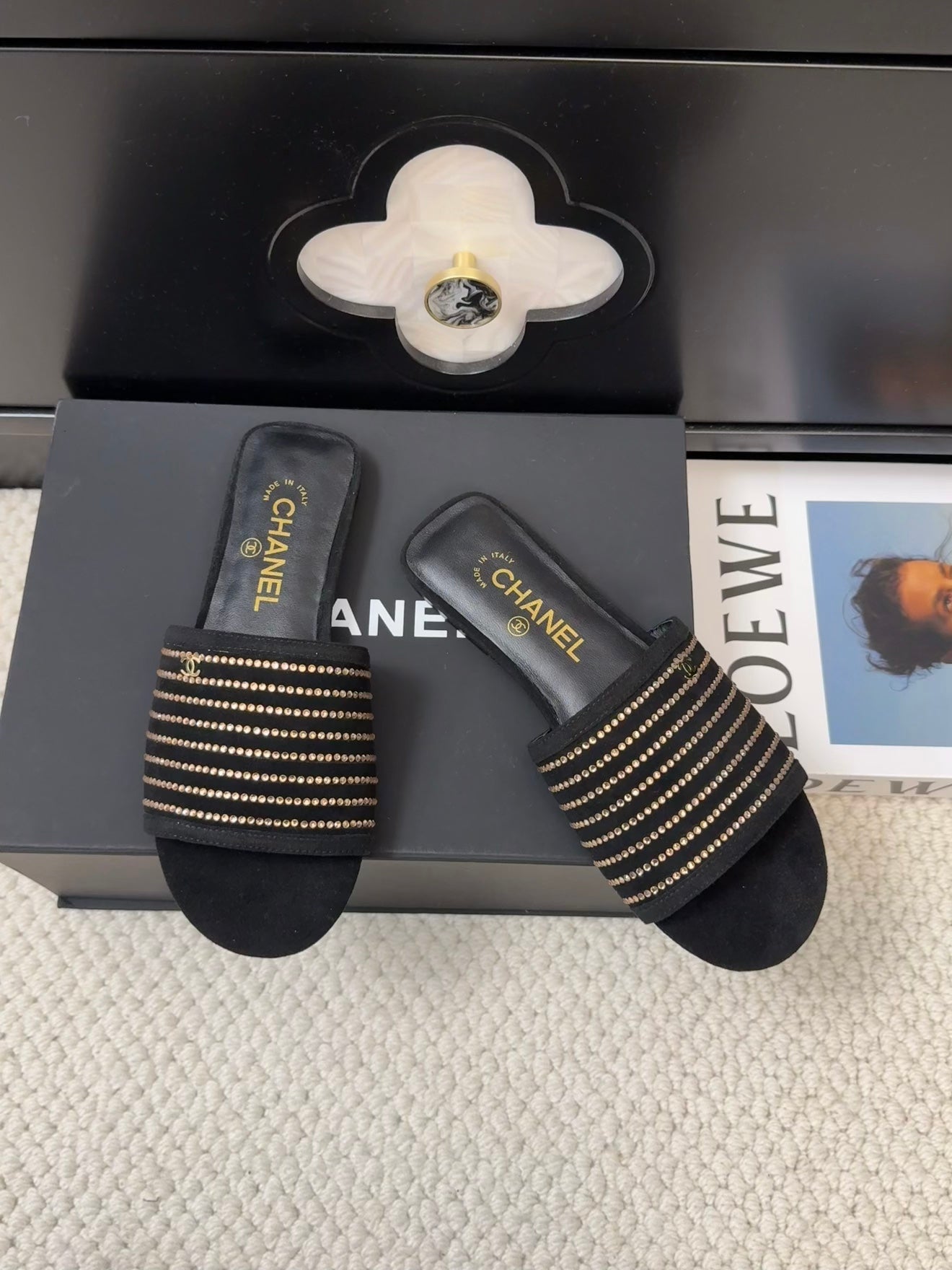 FLAT SLIDE IN BLACK SUEDE WITH CRYSTALS - 35